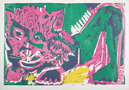 Bernard Lorjou - Le Lion (#2), 1965: Woodcut print on Auvergne Richard de Bas paper. Printed on double pages. Edition of 200. Dimensions: + Size of the sheet: 39 x 57 cm / 15,3 x 22,4 in. + Size of the image: 34 x 52,5 cm / 13,3 x 20,6 i