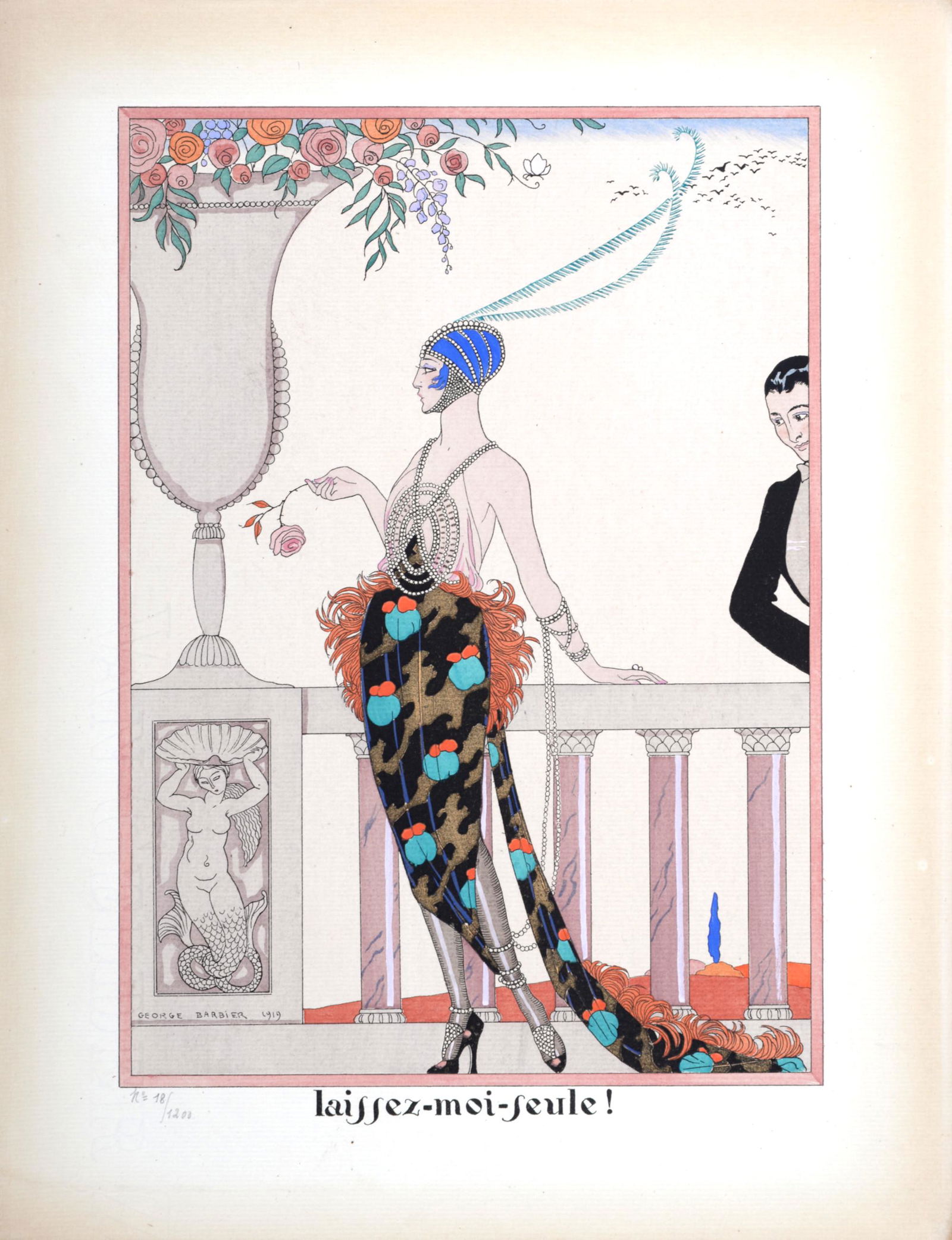 Georges Barbier - Laissez-moi Seule!, c. 1919: Original hand-colored pochoir print with watercolor on Van Gelder Zonen paper. Perfect impression on extremely fine verge paper. Hand-numbered n 18/1200 lower left. Plate-signed lower left. With Van G
