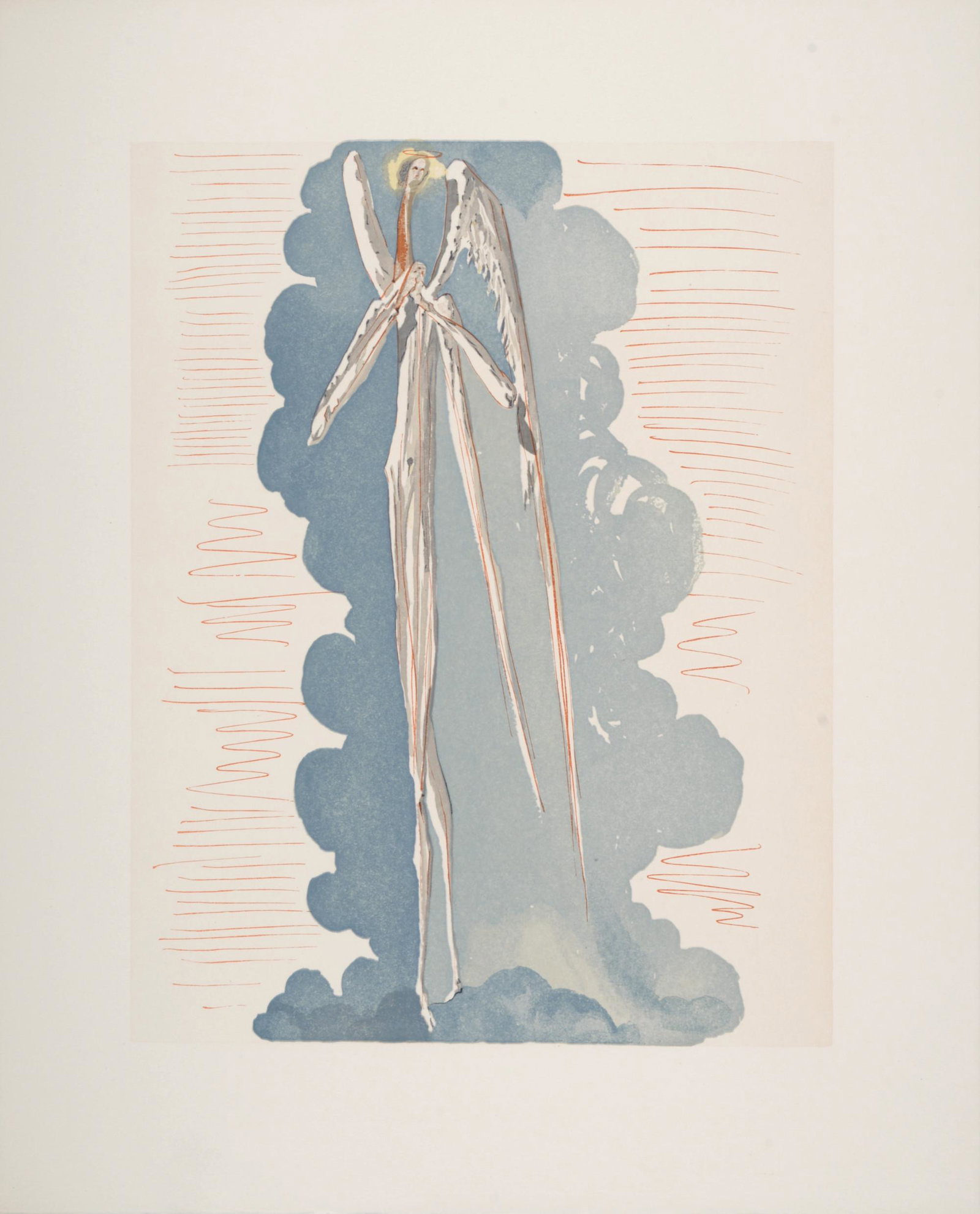 Salvador Dali - L Ange du 7eme ciel, 1963: Woodcut print on BFK Rives paper. A beautiful print by Salvador Dali Dimensions: + Size of the sheet: 33 x 26,5 cm / 12,9 x 10,4 in. Issued from the French edition of La Divine Comedie in-4 by Salvado