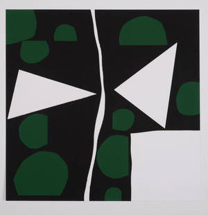 Richard Mortensen -Tavignano, 1964: Screen print in colors, after a painting of 1964, tipped in Not signed, not numbered Dimensions: + Size of the sheet: 23 x 22,5 cm / 9 x 8,8 in. + Size of the image: 18,7 x 18,9 cm / 7,4 x 7,4 in. Fro