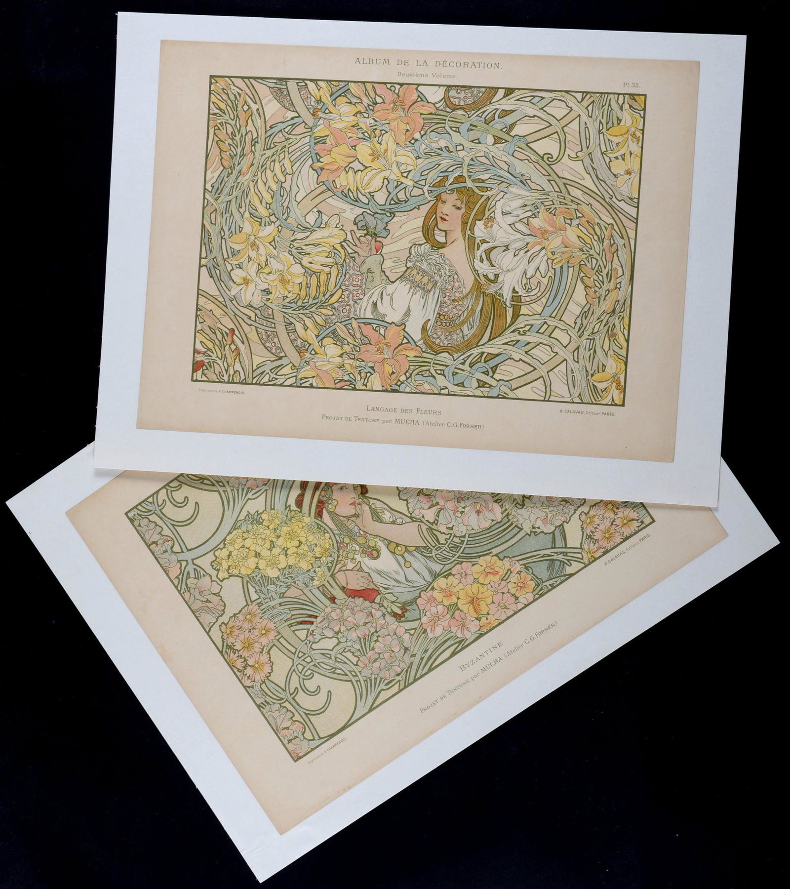 Mucha Byzantine & Langage Fleurs 1900 Rare set: Set of 2 original lithographs on Velin paper. This set is impossible to find and really scarce! Dimensions: + Size of the sheet: 26,5 x 36,5 cm / 10,4 x 14,3 in. + Size of the image: 20,5 x 29,5 cm / 