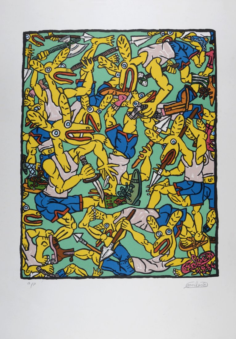 Robert Combas - Les lapins jaunes, 1984 - Signed: Robert Combas (1957) Les lapins jaunes, 1984 Large original lithograph on Velin paper. Hand-signed lower right margin. Artist proof annotated A/P on the bottom left corner, outside the edition of 100