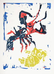 Bernard Lorjou - L Ecrevisse, 1965: Woodcut print on Auvergne Richard de Bas paper. Edition of 200. Dimensions: + Size of the sheet: 38,5 x 28,3 cm / 15,1 x 11,1 in. + Size of the image: 35 x 25 cm / 13,7 x 9,8 in. Issued from the portf