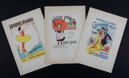 Cheret, Gausson & more - Set of 3 small posters: Cheret, Gausson & more,1896. Set of 3 lithographs on wove paper, including : - Jules Cheret, Theatre de l Opera, 1896 - Louis-Maurice Boutet de Monvel, La Petite Poucette, 1896 - Leo Gausson, Lessive