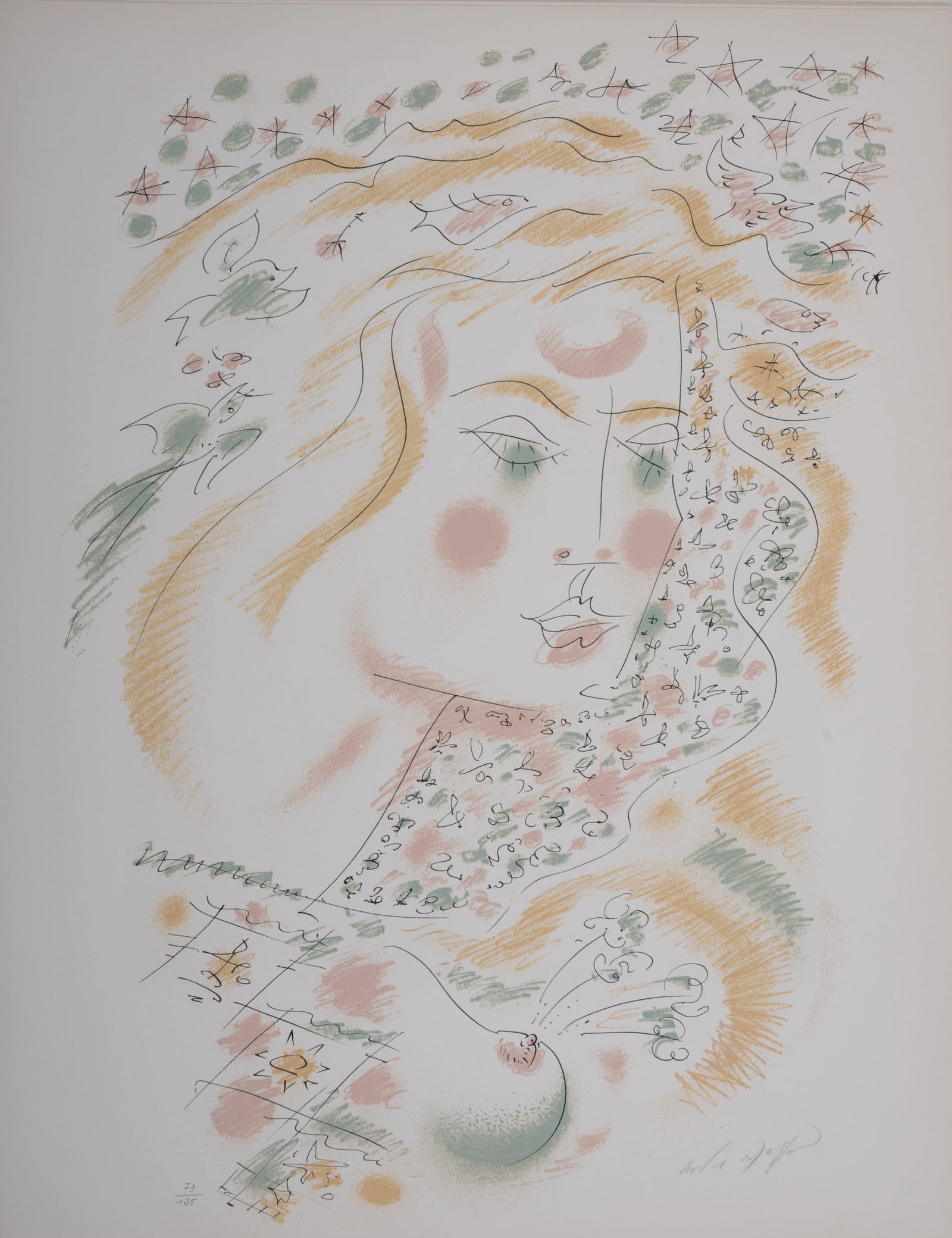 Andre Masson - Viviane, 1975: Original lithograph in colors on Arches paper from Je reve portfolio. Signed and numbered to lower edge : Andre Masson 79/125. Printed and published by Mourlot, Paris. Dimensions: Size of the sheet: 5