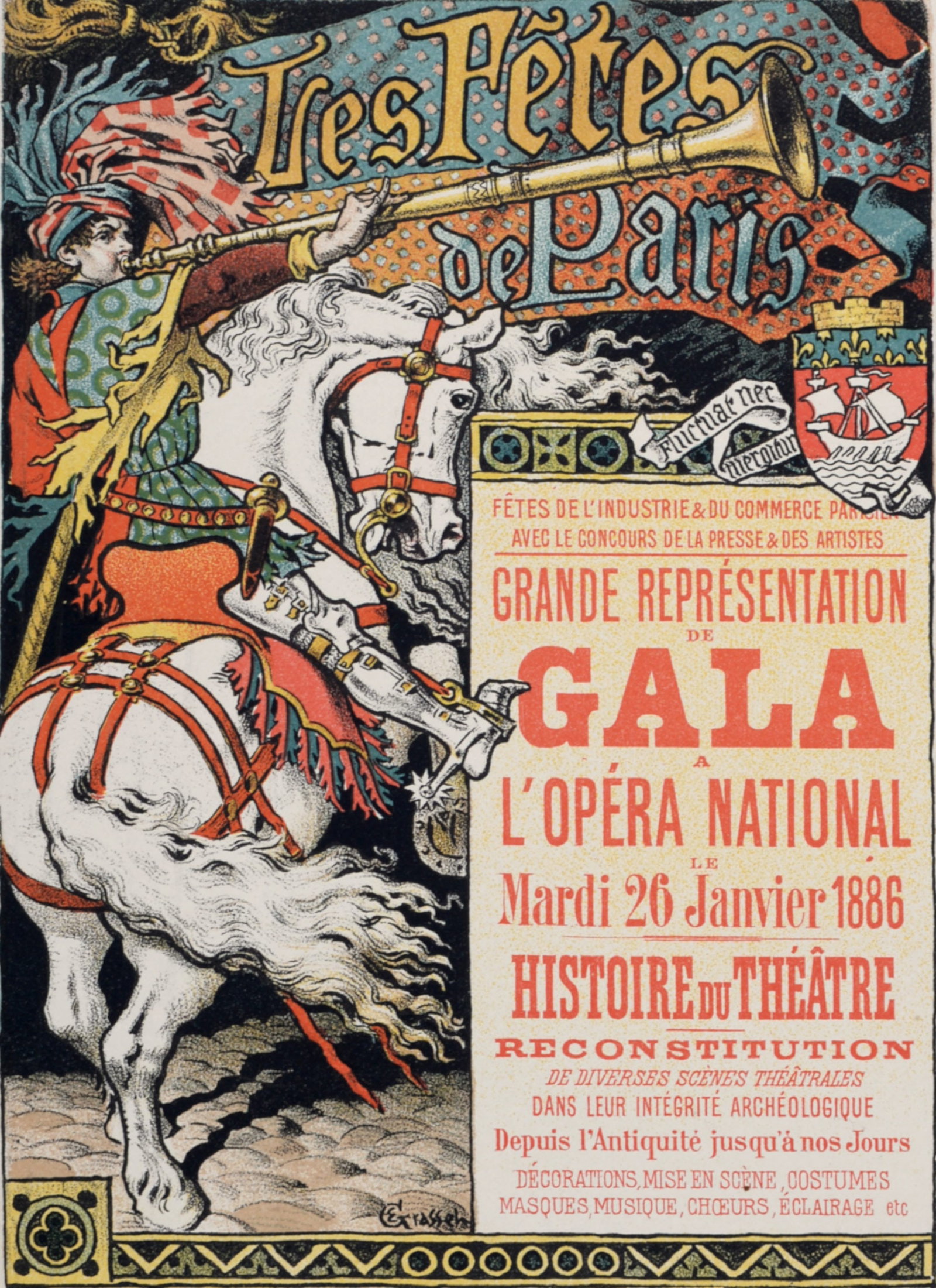 Eugene Grasset - Les Fetes de Paris, 1896: Eugene Grasset (1845-1917)Les Fetes de Paris, 1896 Small lithograph poster on wove paper.Signed on the plate.Dimensions:+Size of the sheet: 31 x 22 cm / 12,2 x 8,6 in.+Size of the image: 19,5 x 14 cm