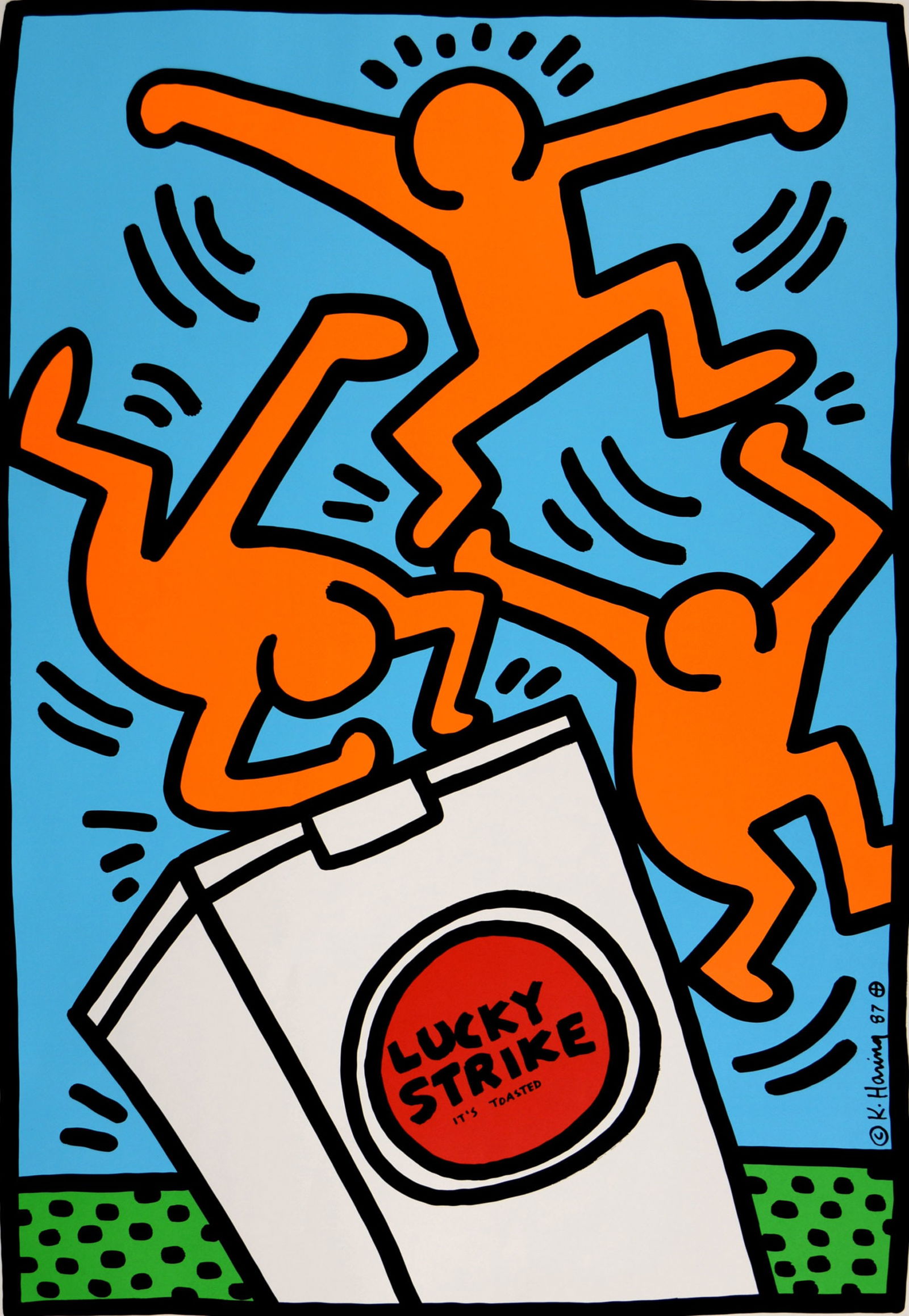 Keith Haring - Lucky Strike (#C), 1987 - Very large!: Keith Haring (1958-1990)Lucky Strike, 1987 Very large silkscreen on paper.Signed and dated on the plate in the margin.Dimensions :+ Size of the sheet: 100 x 70 cm / 39,3 x 27,5 in.In 1987, the cigaret