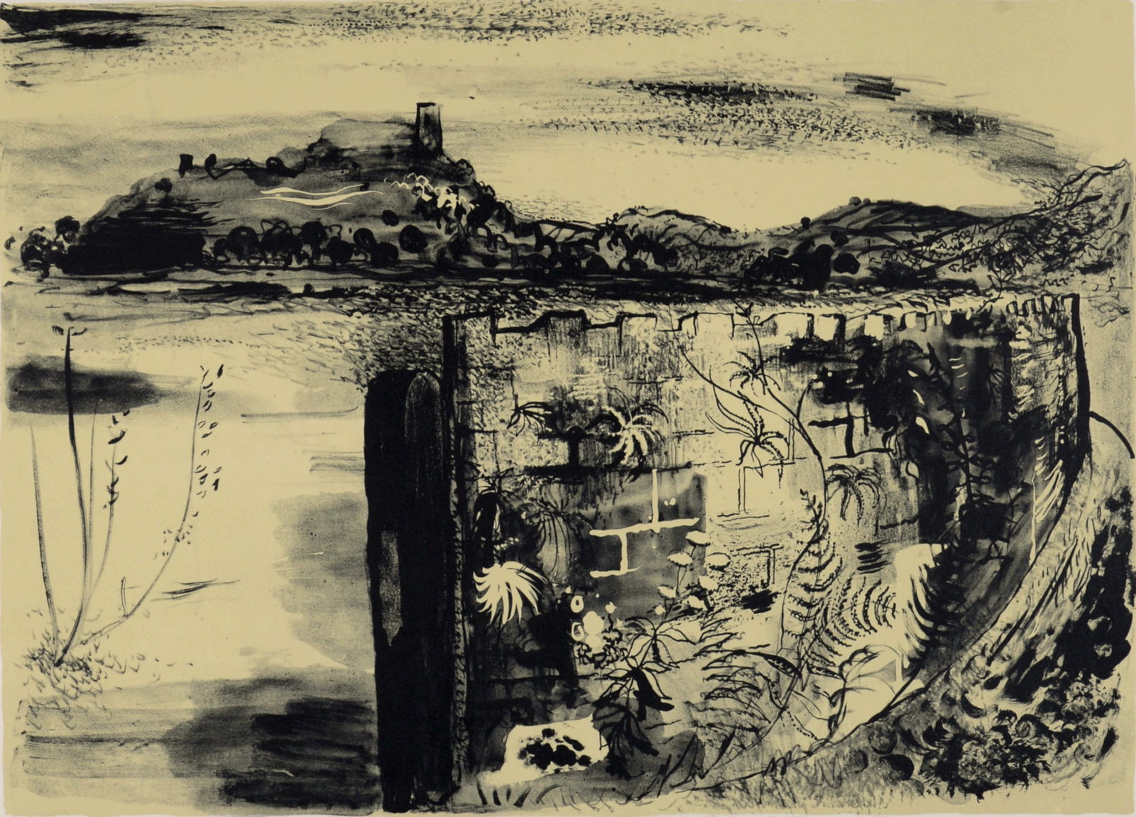 John Piper - Castle, c. 1955 - Hand-signed!: John Piper (1903-1992)Castle, c. 1955 Original lithograph in colors on Arches paper.Hand-signed lower right margin.Numbered 49/75 in pencil lower left margin.Dimensions:+ Size of the sheet: 50.2 x 65.