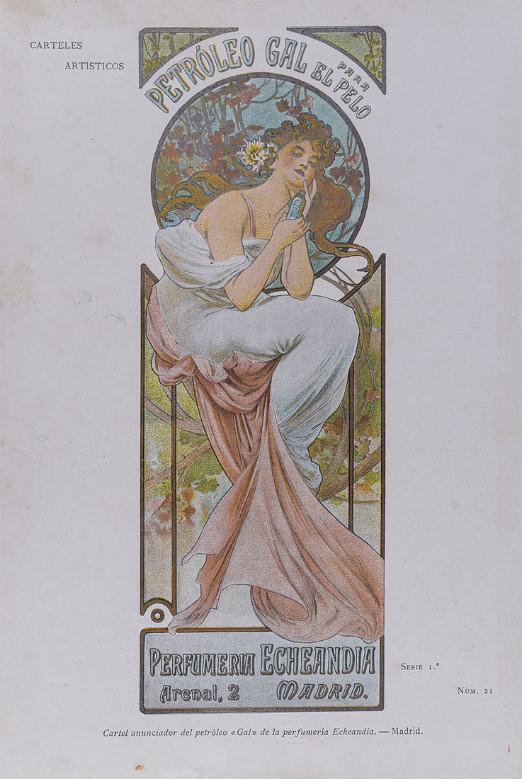 Alphonse Mucha - Pluma y Lapiz : Petroleo Gal el Pelo, circa 1900: Alphonse Mucha (1860-1939)Pluma y Lapiz : Petroleo Gal el Pelo, circa 1900Chromo-Lithograph on velin paperThis plate is from the scarce "Pluma y Lapiz" Magazine (issue N° 21)Dimensions :+ Size of the