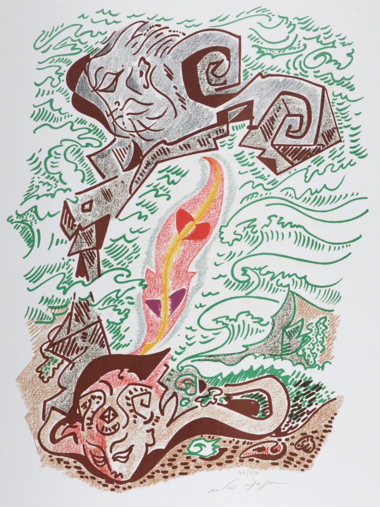 Andre Masson - Sonnets de Louise Labe #7, 1972 - Hand signed!: Andre Masson (1896–1987)Sonnets de Louise Labe #7, 1972 Original lithograph in colors on Velin d'Arches paper.Hand-signed in pencil lower right margin.Numbered 46/150 in pencil lower right margin.Wi