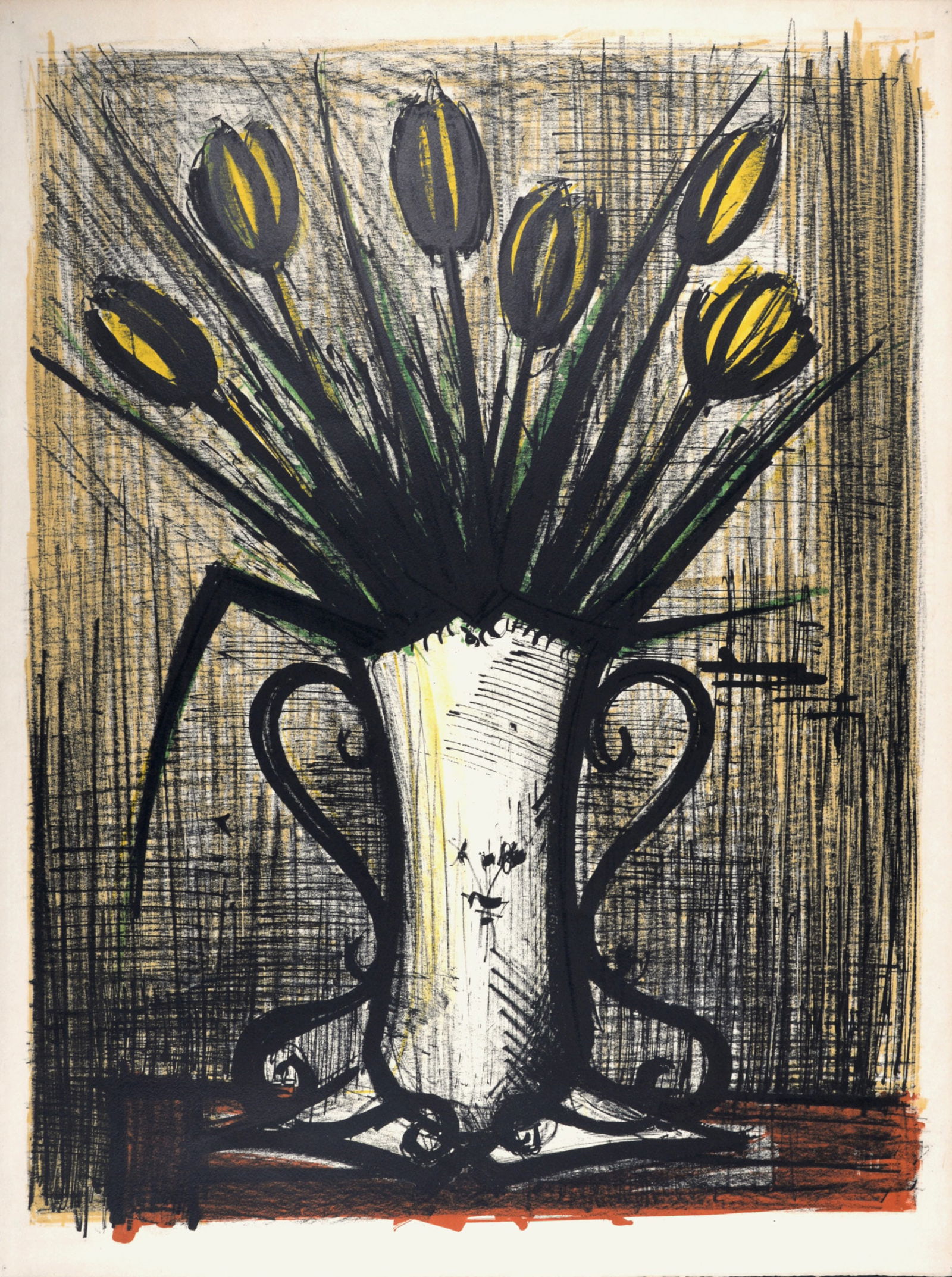 Bernard Buffet - Bouquet de tulipes jaunes, c. 1960: Bernard Buffet (1928-1999)Bouquet de tulipes jaunes, c. 1960 Large original lithograph in colors on Velin paperWith Arches's watermark on the right border margin.Dimensions:+ Size of the image: 66 x 5