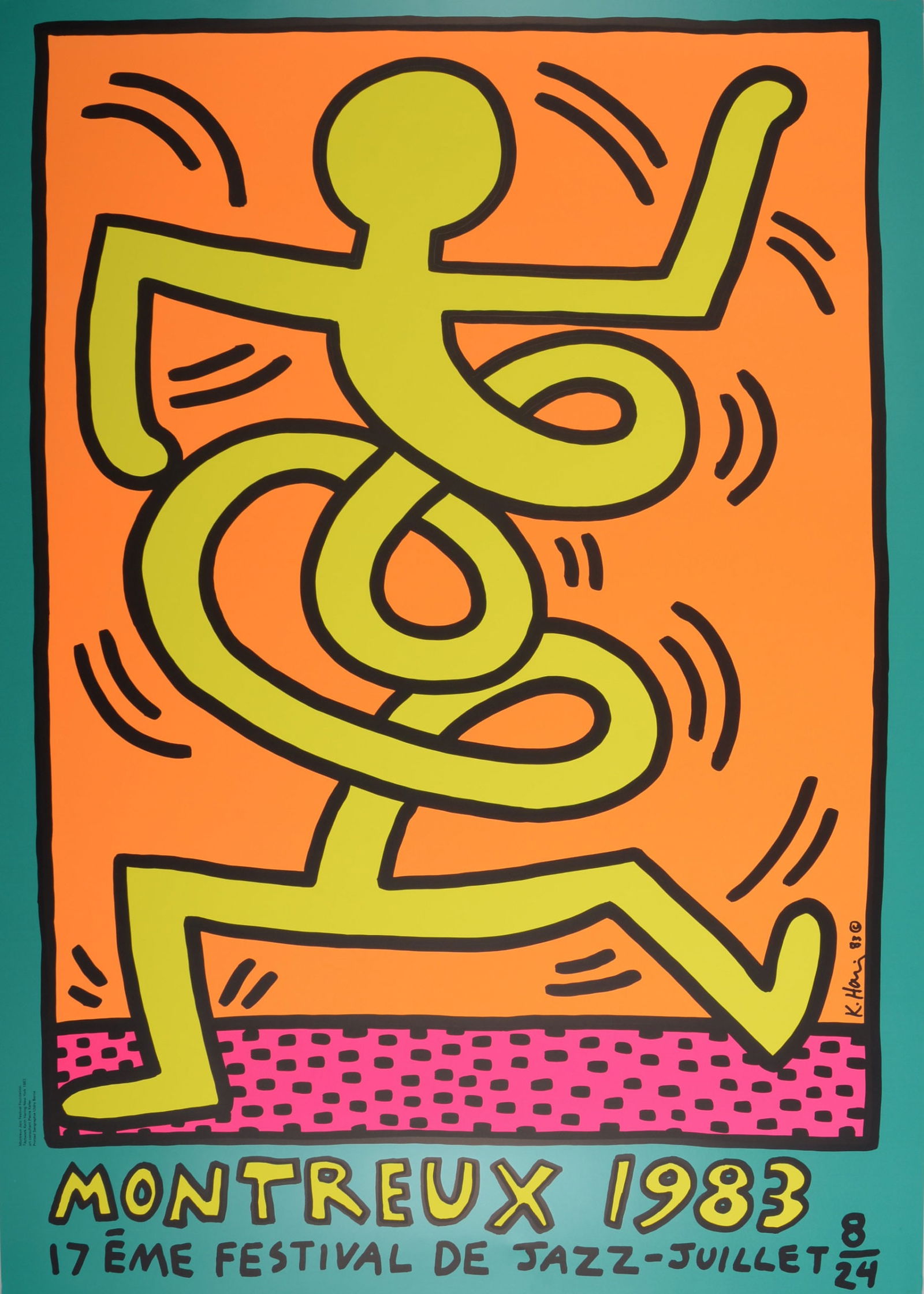 Keith Haring - Montreux Jazz Festival (#B), 1983 - Very large!: Keith Haring (1958-1990)Montreux Jazz Festival, 1983Very large silkscreen on paper.First edition.Signed on the plate in the right margin.Dimensions :+ Size of the sheet: 100 x 70 cm / 39,3 x 27,5 in.I