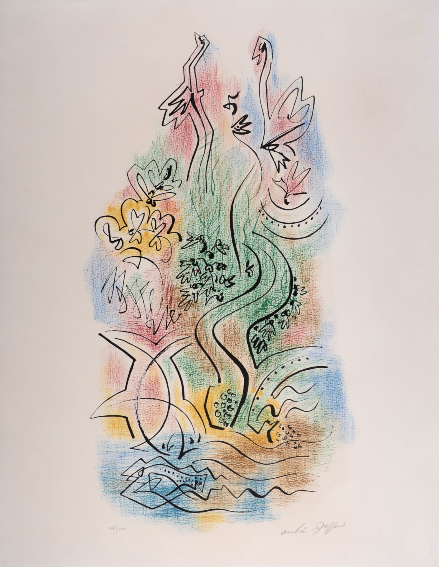 Andre Masson : Composition, circa 1970 - Hand-signed: Andre Masson (1896–1987)Composition, circa 1970Lithograph in colors on Arches paper.Hand-signed in pencil lower right margin.Numbered 93/100 in pencil lower right margin.With Arches watermark on the