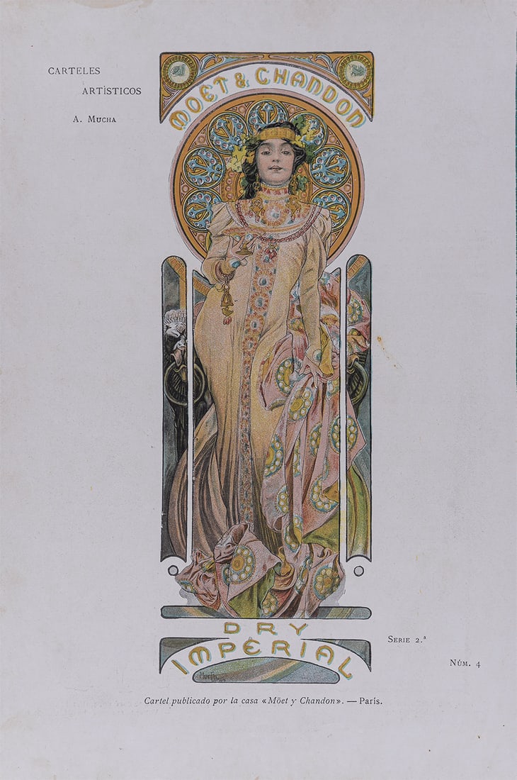 Alphonse Mucha - Pluma y Lapiz : Moet & Chandon, circa 1900: Alphonse Mucha (1860-1939)Pluma y Lapiz : Moet & Chandon, circa 1900Chromo-Lithograph on velin paperThis plate is from the scarce "Pluma y Lapiz" Magazine (issue N° 4)Dimensions :+ Size of the sheet