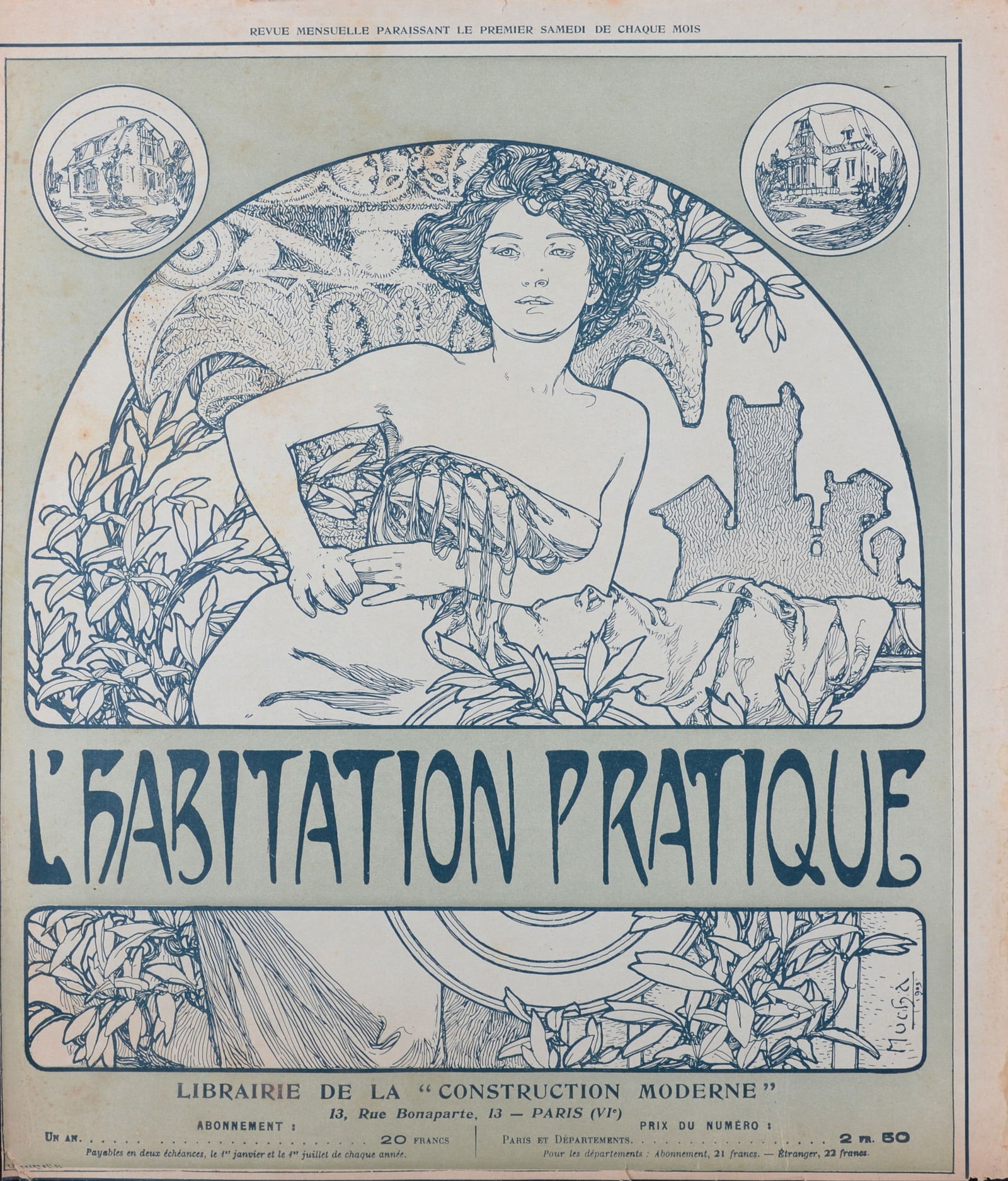 Alphonse Mucha : L'Habitation Pratique, 1906: Alphonse MuchaL'Habitation Pratique, 1906Original cover lithograph on paper from "L'Habitation Pratique" issue, January 1906.Signed on the plate lower right margin.Printed on the back as issued.Dimens