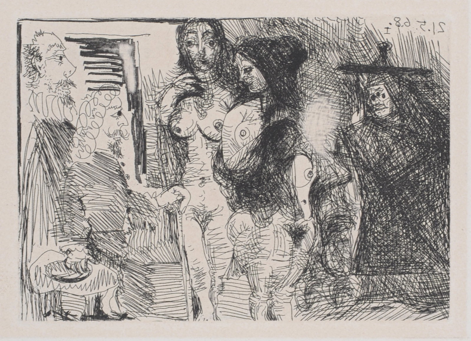 Pablo Picasso - Celestine presentant ses deux pensionnaires a deux clients, 1971: Pablo Picasso (1881-1973) Celestine presentant ses deux pensionnaires a deux clients, 1971 Original etching and aquatint on velin paper Dated on the plate upper right margin "21.5.68 I". With the wate