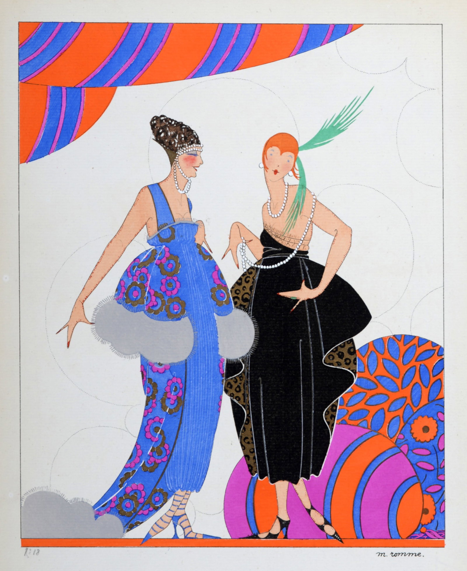 Martha Romme - Au diner dansant, C. 1914: Martha Romme Au diner dansant, C. 1914 Original hand-colored pochoir print with watercolor on Verge paper. Perfect impression on extremely fine verge paper Hand- numbered n° 18 lower left. Plate-sign