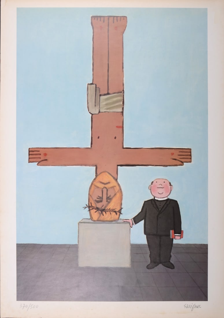 Raymond Savignac : L'Eglise, 1971 - Hand-signed: Raymond Savignac (1907-2002) L'Eglise, 1971 Offset lithograph on vellum paper Hand-signed in pencil lower right margin. Numbered in pencil 370/500 lower left margin. Dimensions: + Size of the sheet: 7