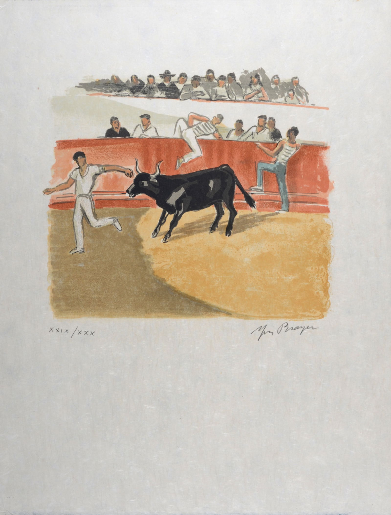 Yves Brayer : Tauromachie (#3), 1963 - Hand-signed: Yves Brayer (190-1990)Tauromachie (#3), 1963Lithograph in colors on Japan paper.Hand-signed on the bottom right of the image.Hand-numbered XXIX / XXX on the bottom left of the image.Dimensions :+ Size