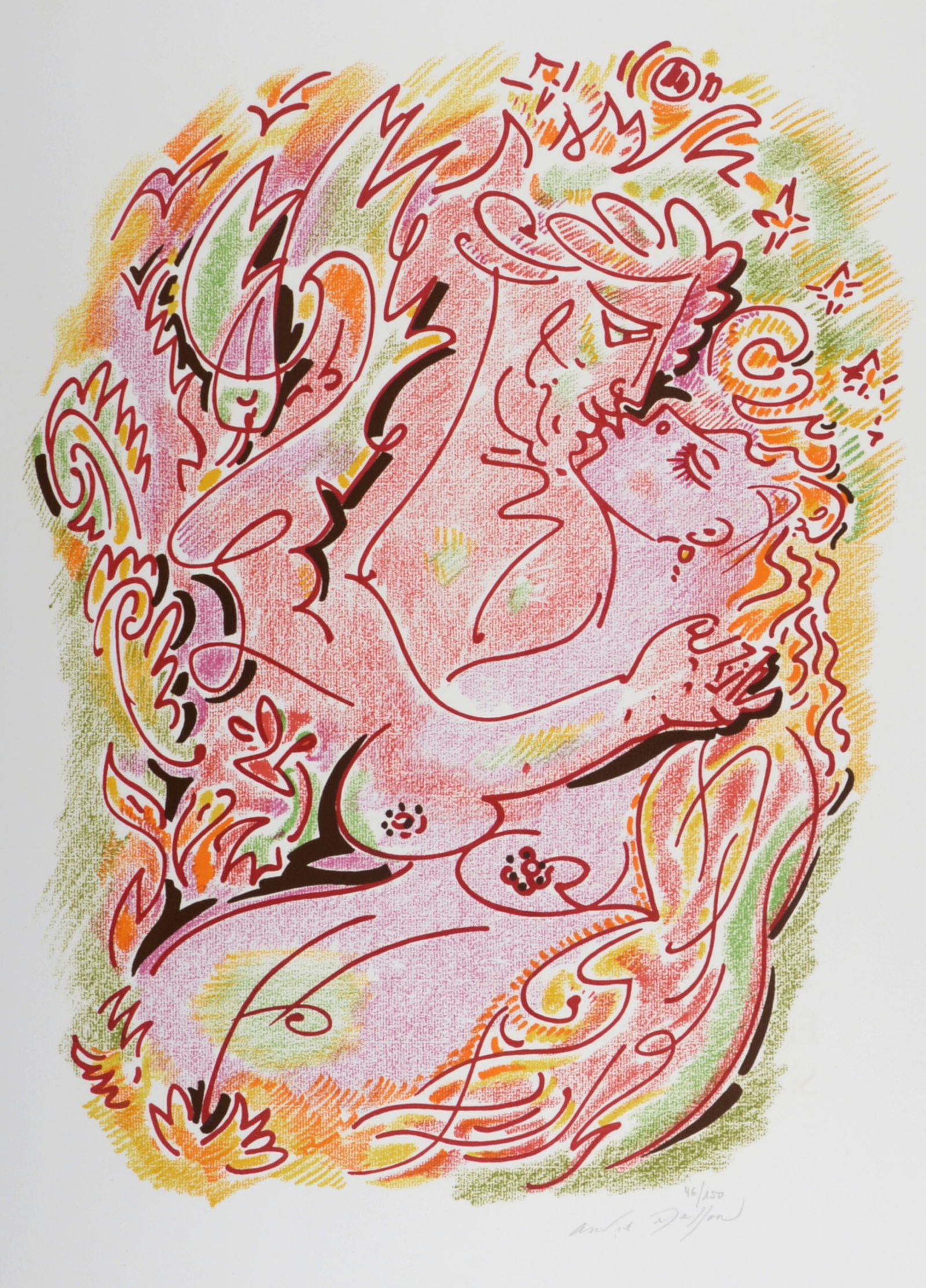 Andre Masson - Sonnets de Louise Labe #6, 1972 - Hand signed!: Andre Masson (1896–1987)Sonnets de Louise Labe #6, 1972Original lithograph in colors on Velin d'Arches paper.Hand-signed in pencil lower right margin.Numbered on 150 in pencil in the lower right-han