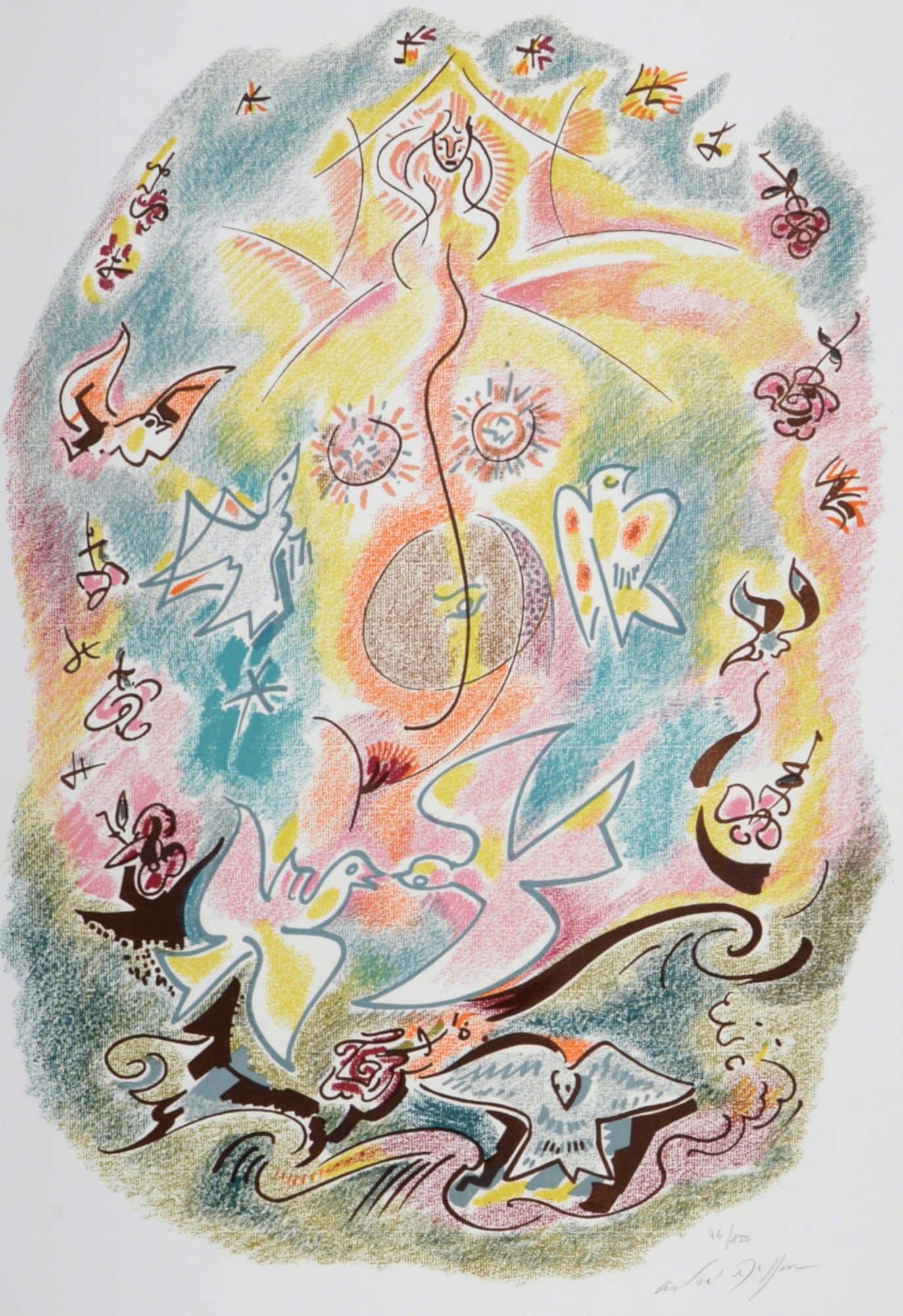 Andre Masson - Sonnets de Louise Labe #9, 1972, Hand signed!: Andre Masson (1896–1987)Sonnets de Louise Labe #9, 1972Original lithograph in colors on Velin d'Arches paper.Hand-signed in pencil lower right margin.Numbered on 150 in pencil in the lower right-han