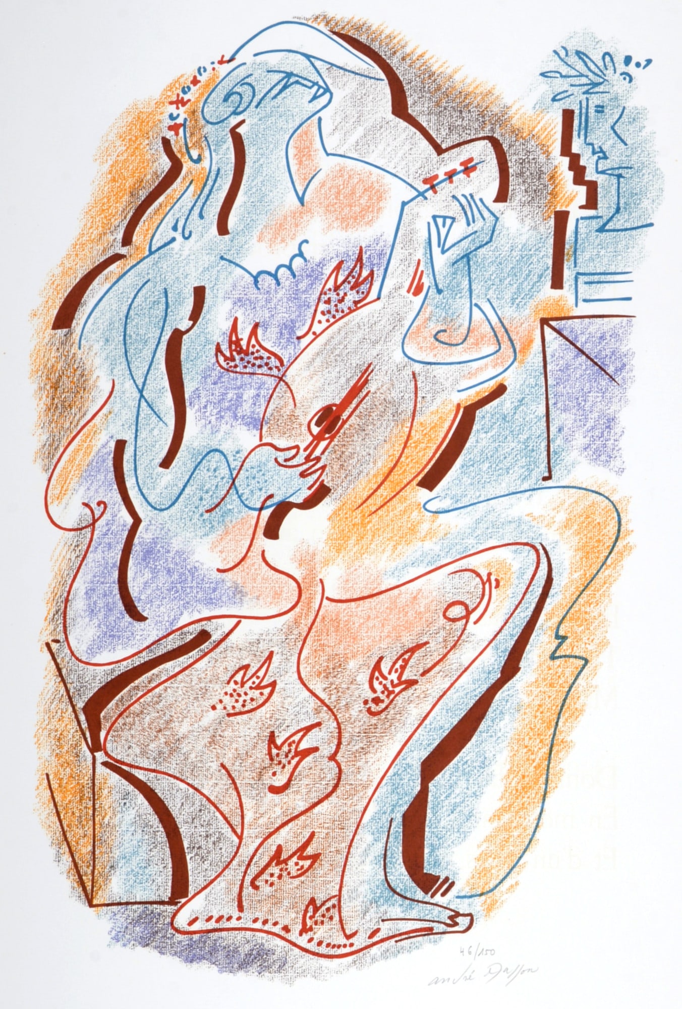 Andre Masson - Sonnets de Louise Labe #5, 1972 - Hand signed!: Andre Masson (1896–1987)Sonnets de Louise Labe #5, 1972Original lithograph in colors on Velin d'Arches paper.Hand-signed in pencil lower right margin.Numbered on 150 in pencil in the lower right-han