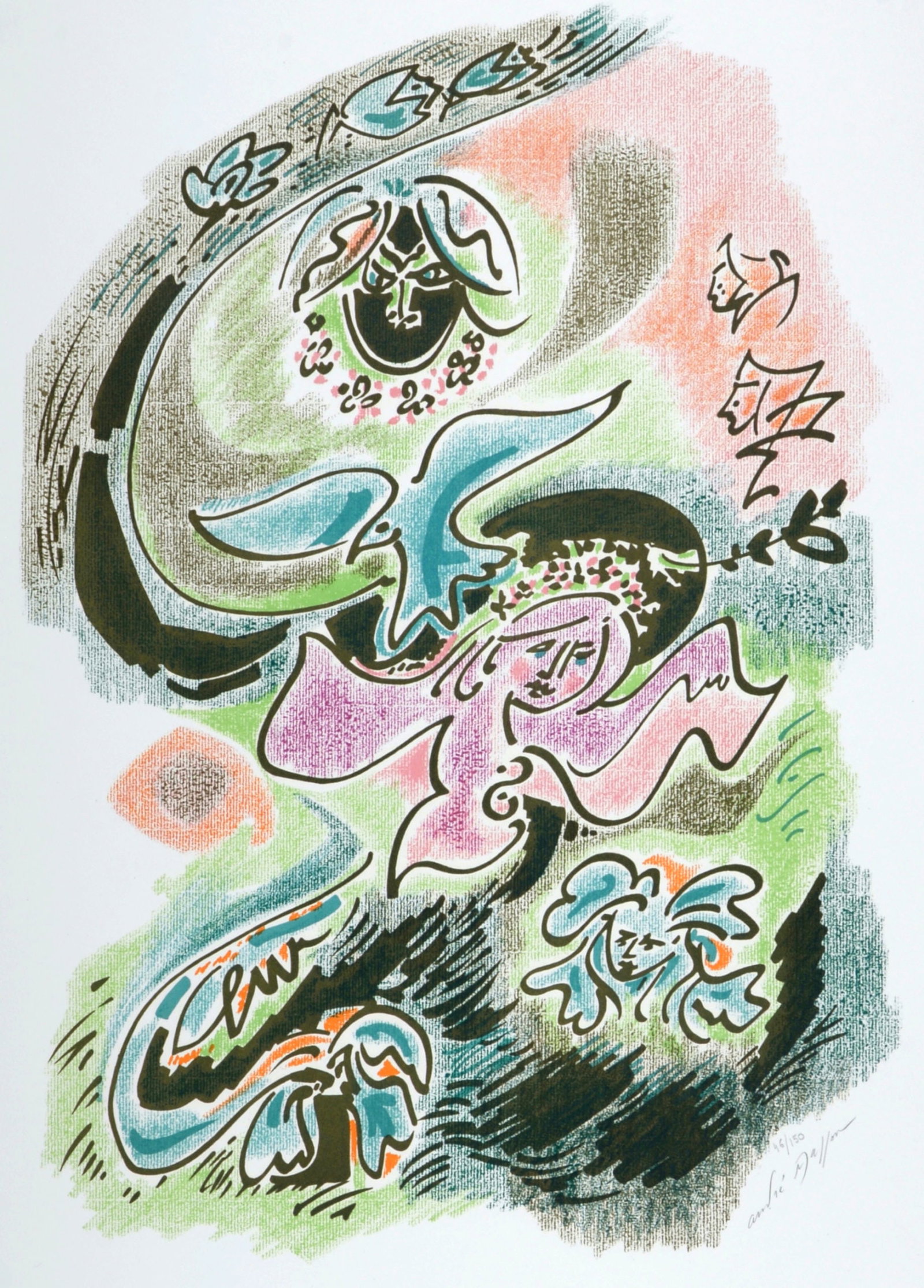 Andre Masson - Sonnets de Louise Labe #10, 1972 - Hand signed!: Andre Masson (1896–1987)Sonnets de Louise Labe #10, 1972Original lithograph in colors on Velin d'Arches paper.Hand-signed in pencil lower right margin.Numbered on 150 in pencil in the lower right-ha