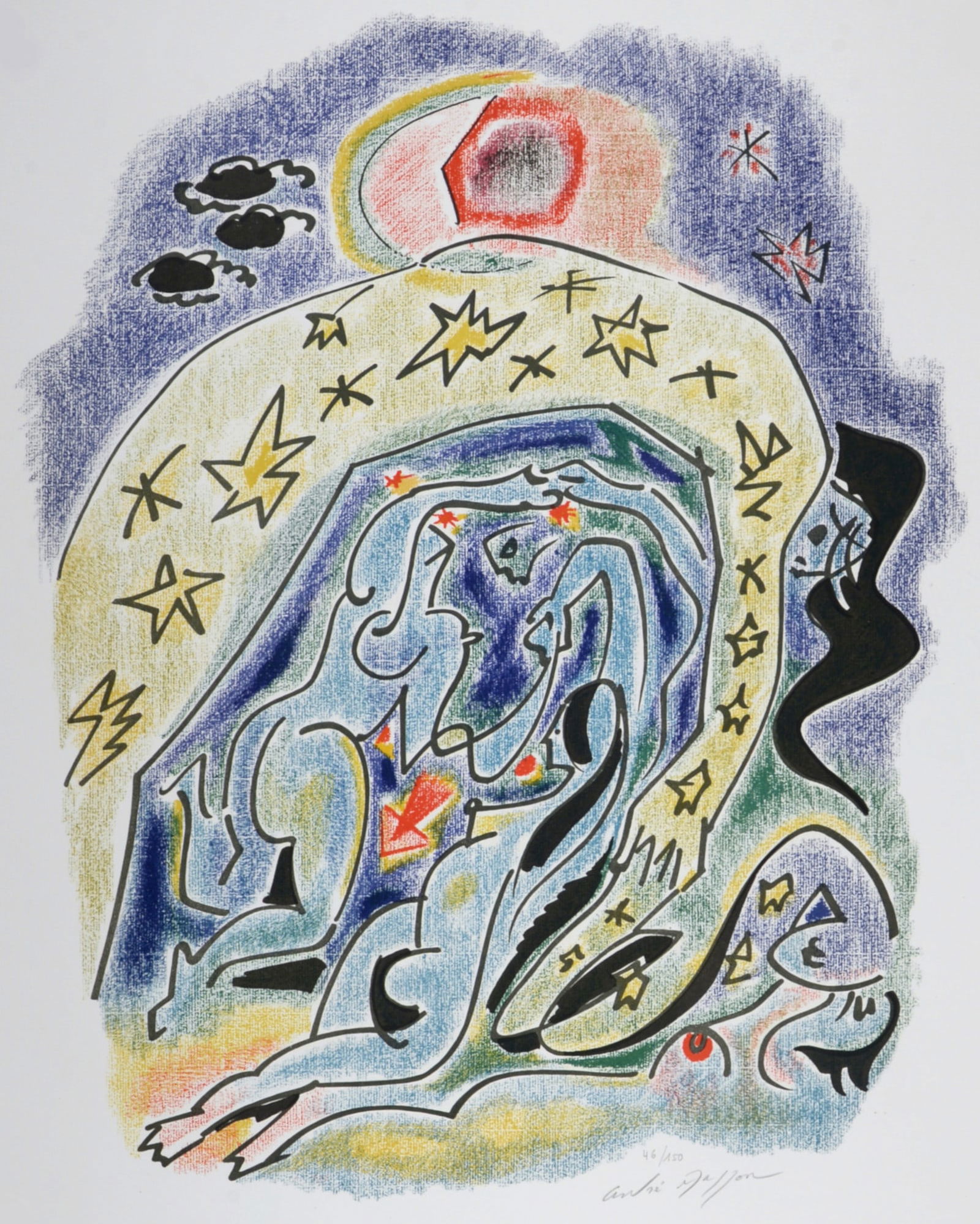 Andre Masson - Sonnets de Louise Labe #8, 1972 - Hand signed!: Andre Masson (1896–1987)Sonnets de Louise Labe #8, 1972Original lithograph in colors on Velin d'Arches paper.Hand-signed in pencil lower right margin.Numbered on 150 in pencil lower right margin. Pl