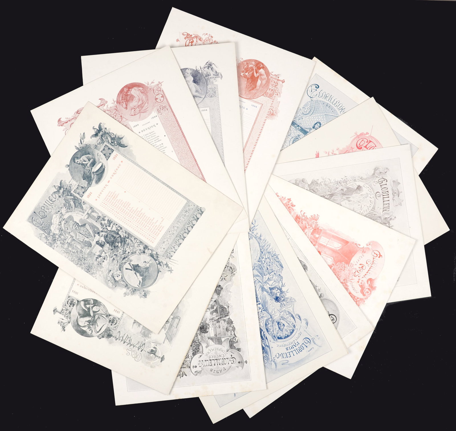 Alphonse Mucha: Lorilleux Calendar 1894 - Complete Set of 12 Months: Alphonse Mucha (1860 1939)Ch LORILLEUX Calendar for 1894Advertising calendar Lorilleux et Cie Paris, dated 1894, consisting of 12 sheets on paper.Each sheets plate signed.A complete set of the 12 mont