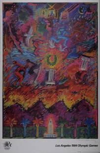 Carlos Almaraz : Los Angeles Olympic 1984 - Hand-signed: Carlos Almaraz (1941-1989)Los Angeles Olympic 1984Offset Lithograph Parsons Diploma Parchment.Hand-signed lower right marginSize of the sheet : 91.4 x 61 cm. / 36 x 24 in.Edition of 750 (fewer than 20