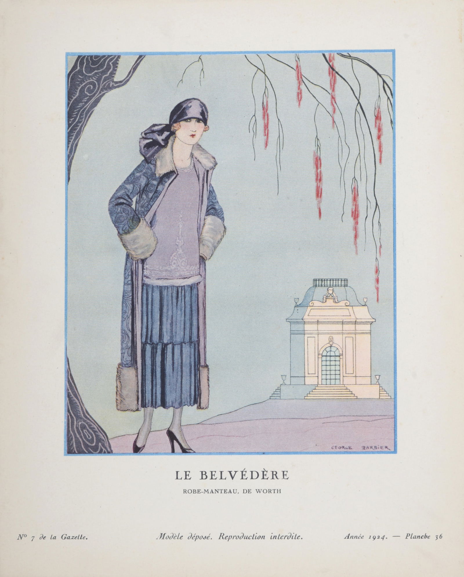 George Barbier - Le Belvedere, Robe-manteau de Worth, 1924: George Barbier (1882–1932)Le Belvedere, Robe-manteau de Worth, 1924Hand-colored pochoir on paperPlate n°36, from "Gazette du Bon Ton" n°7, published in 1924.Plate-signed lower right.Dimensions :+
