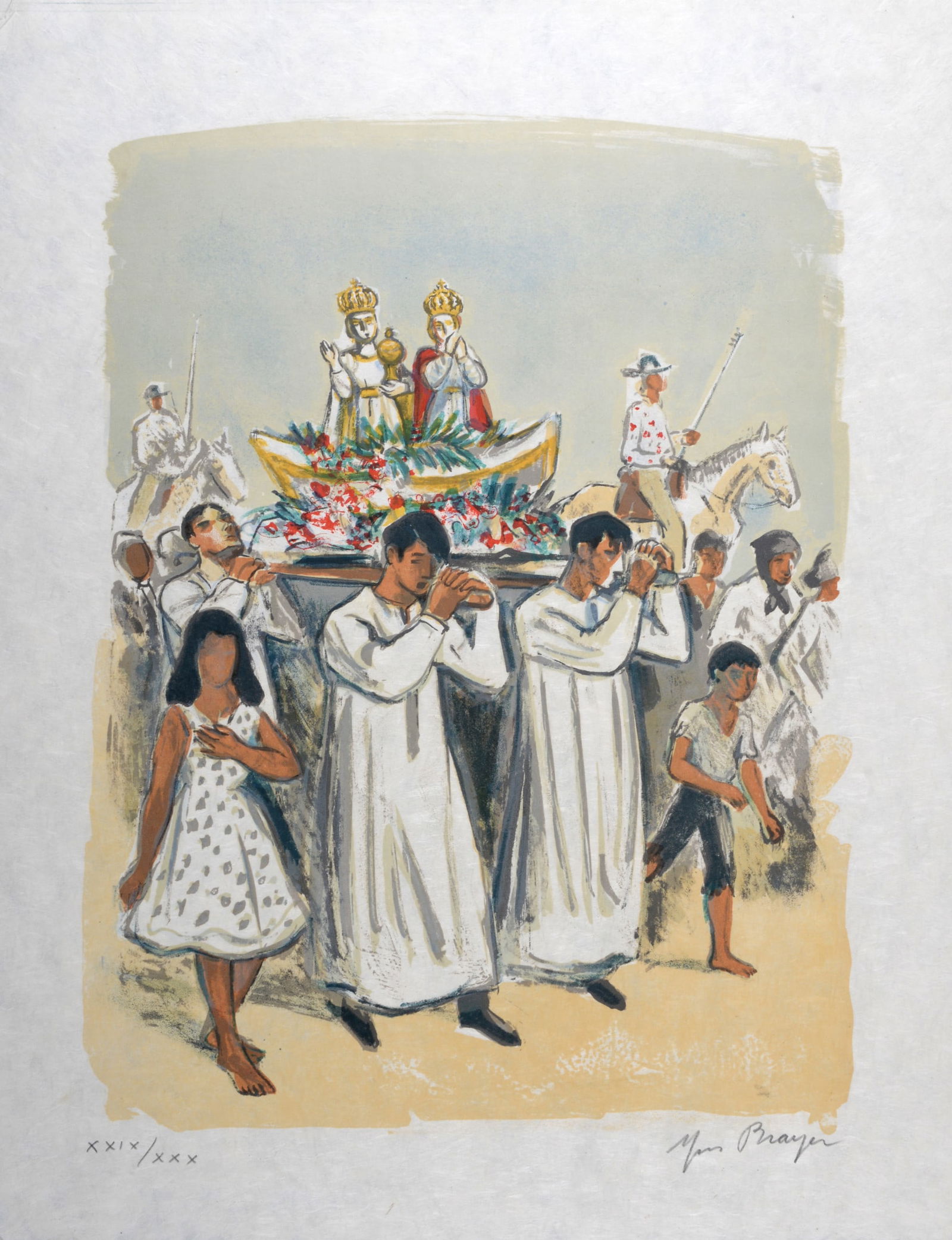 Yves Brayer : La procession religieuse (#4), 1963 - Hand-signed: Yves Brayer (1907-1990)La procession religieuse (#4), 1963Lithograph in colors on Japan paper.Hand-signed on the bottom right of the image.Hand-numbered XXIX / XXX on the bottom left of the image.Dime