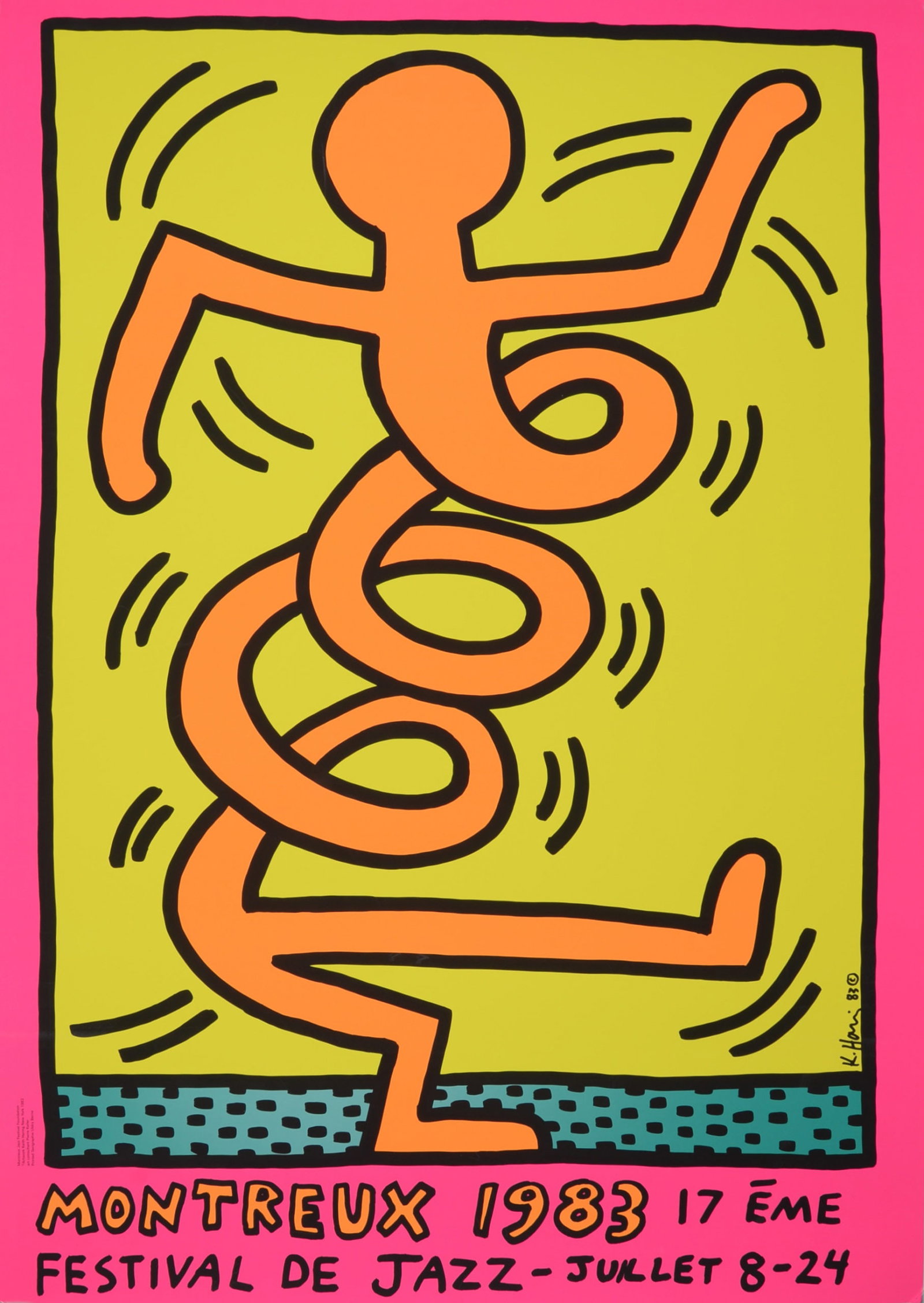 Keith Haring - Montreux Jazz Festival (#A), 1983 - Very large!: Keith Haring (1958-1990) Montreux Jazz Festival, 1983 Very large silkscreen on paper. First edition. Signed on the plate in the right margin. Dimensions : + Size of the sheet: 100 x 70 cm / 39,3 x 27,