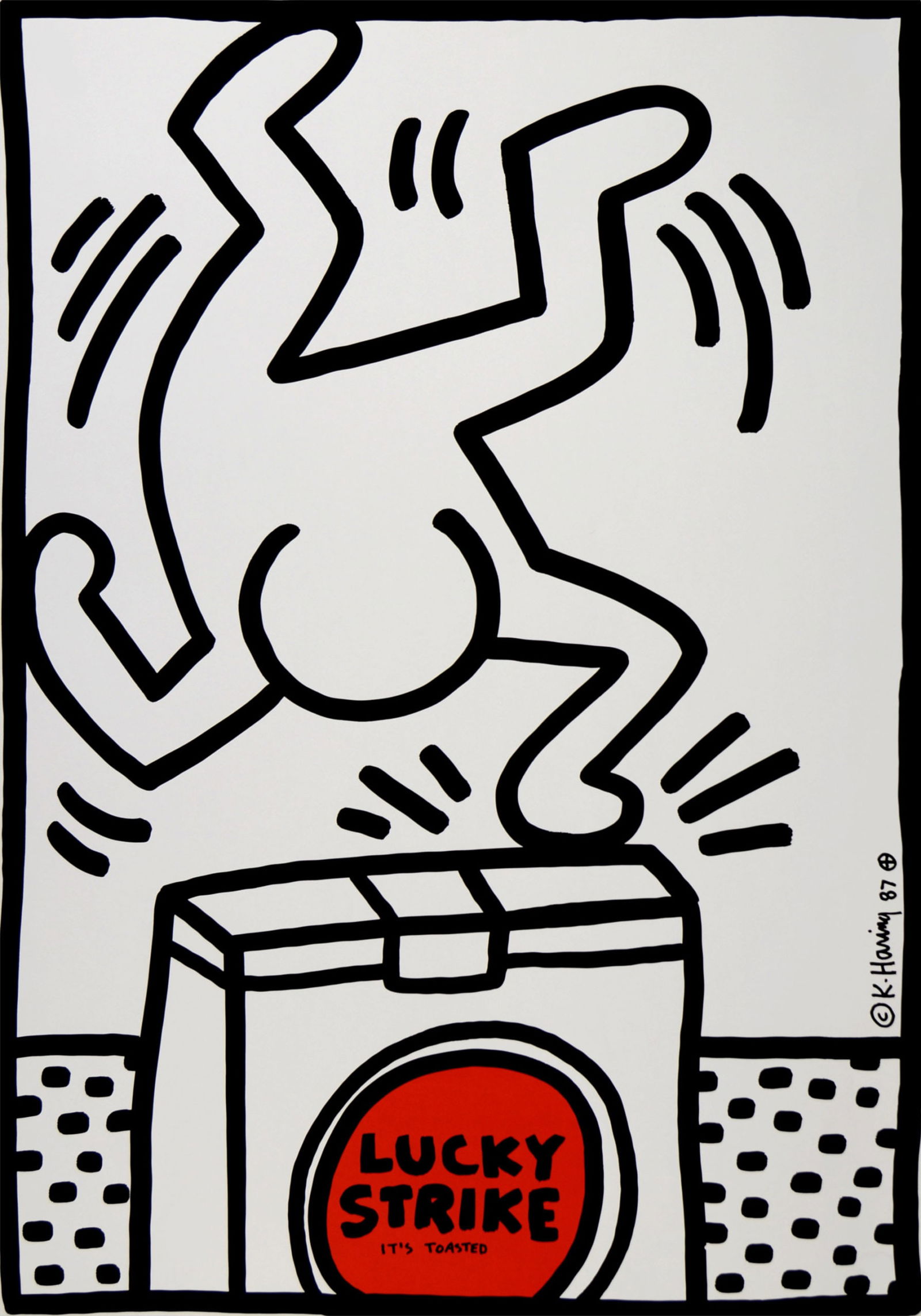 Keith Haring - Lucky Strike (#A), 1987 - Very large!: Keith Haring (1958-1990)Lucky Strike, 1987 Very large silkscreen on paper.Signed and dated on the plate in the margin.Dimensions :+ Size of the sheet: 100 x 70 cm / 39,3 x 27,5 in.In 1987, the cigaret