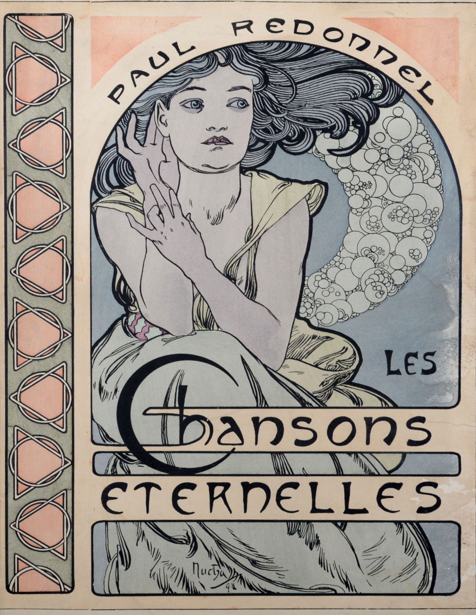 Alphonse Mucha : Chansons Eternelles, 1898 (Original lithograph cover): Alphonse Mucha (1860-1939)Chansons Eternelles, 1898Lithograph cover on paper, enhanced with pochoir.Signed on the plate lower margin.Dimensions :+Size of the sheet : 27,7 x 20,6 cm / 10,9 x 8.1 in.We