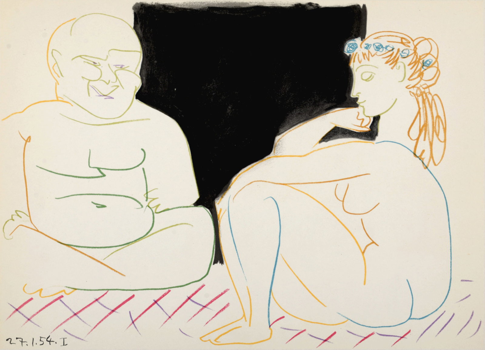 Pablo Picasso - Clown and Nude Woman With Flowers, 1954: Pablo Picasso (1881-1973) Clown and Nude Woman With Flowers, 1954 Lithograph on wove paper. Edition size: 2000 Dated on the plate lower left margin. Dimensions: +Size of the sheet: 26,5 x 35,5 cm / 10