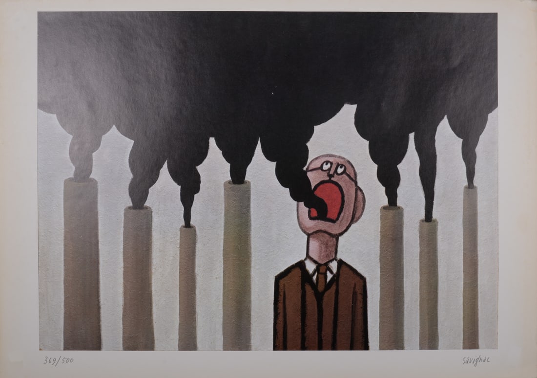 Raymond Savignac : Pollution, 1971 - Hand-signed: Raymond Savignac (1907-2002) Pollution, 1971 Offset lithograph on vellum paper Hand-signed in pencil lower right margin. Numbered in pencil 369/500 lower left margin. Dimensions: + Size of the sheet: 