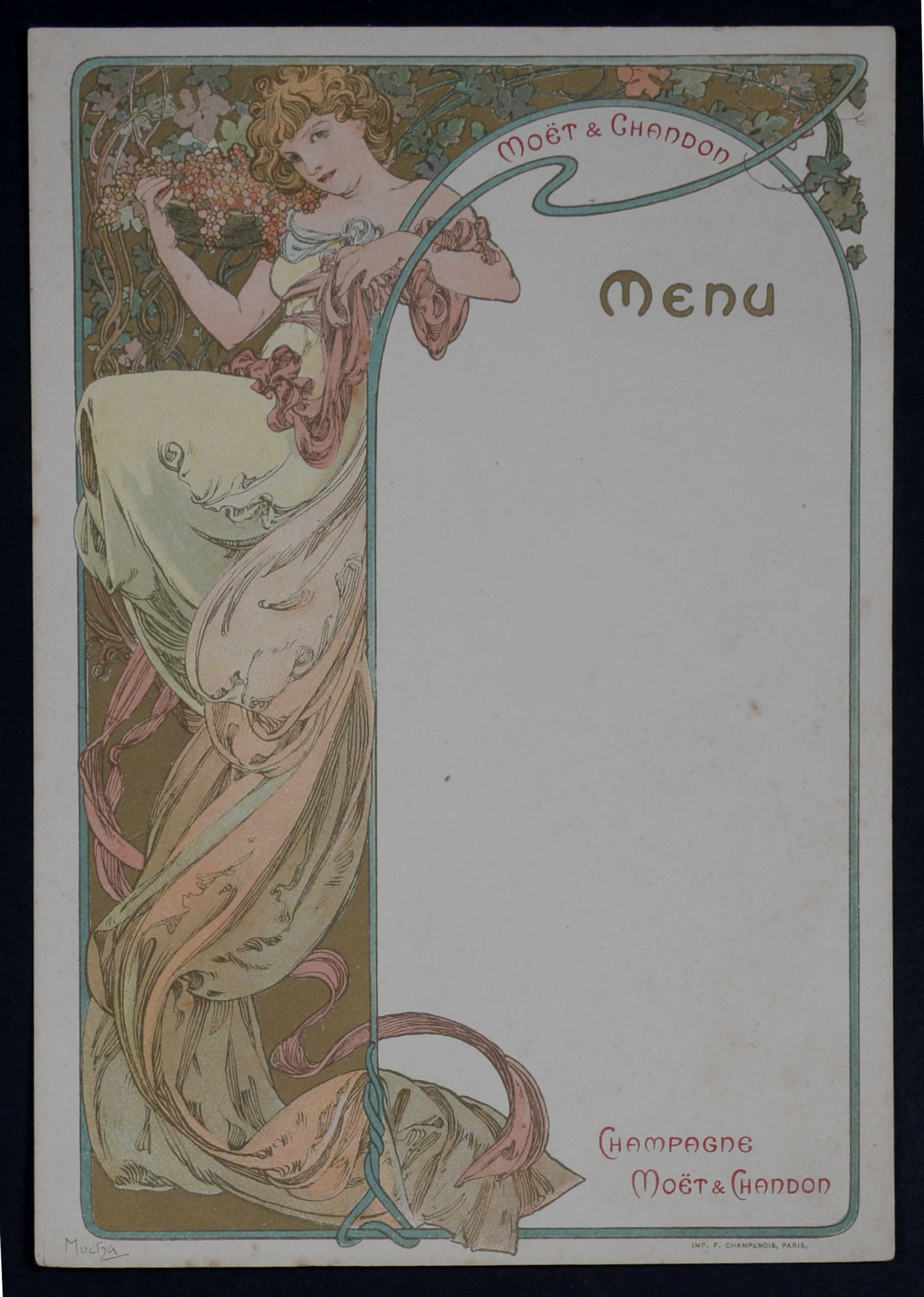 Alphonse Mucha : Champagne Moët & Chandon Menu, 1899 not postcard: Alphonse Mucha (1860-1939) Champagne Moët & Chandon Menu, 1899 Original lithograph menu card on wove paper Not to be confused with the small size postcard.... Plate-signed Dimensions: + Size of the s