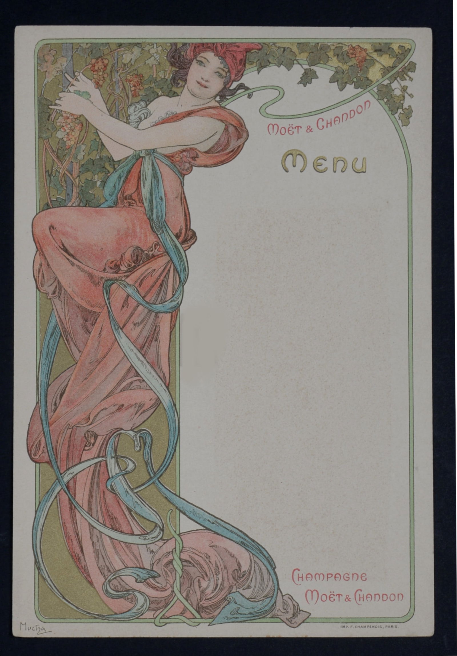 Alphonse Mucha : Champagne Moët & Chandon Menu, 1899 not postcard: Alphonse Mucha (1860-1939) Champagne Moët & Chandon Menu, 1899 Original lithograph menu card on wove paper Not to be confused with the small size postcard.... Plate-signed Dimensions: + Size of the s