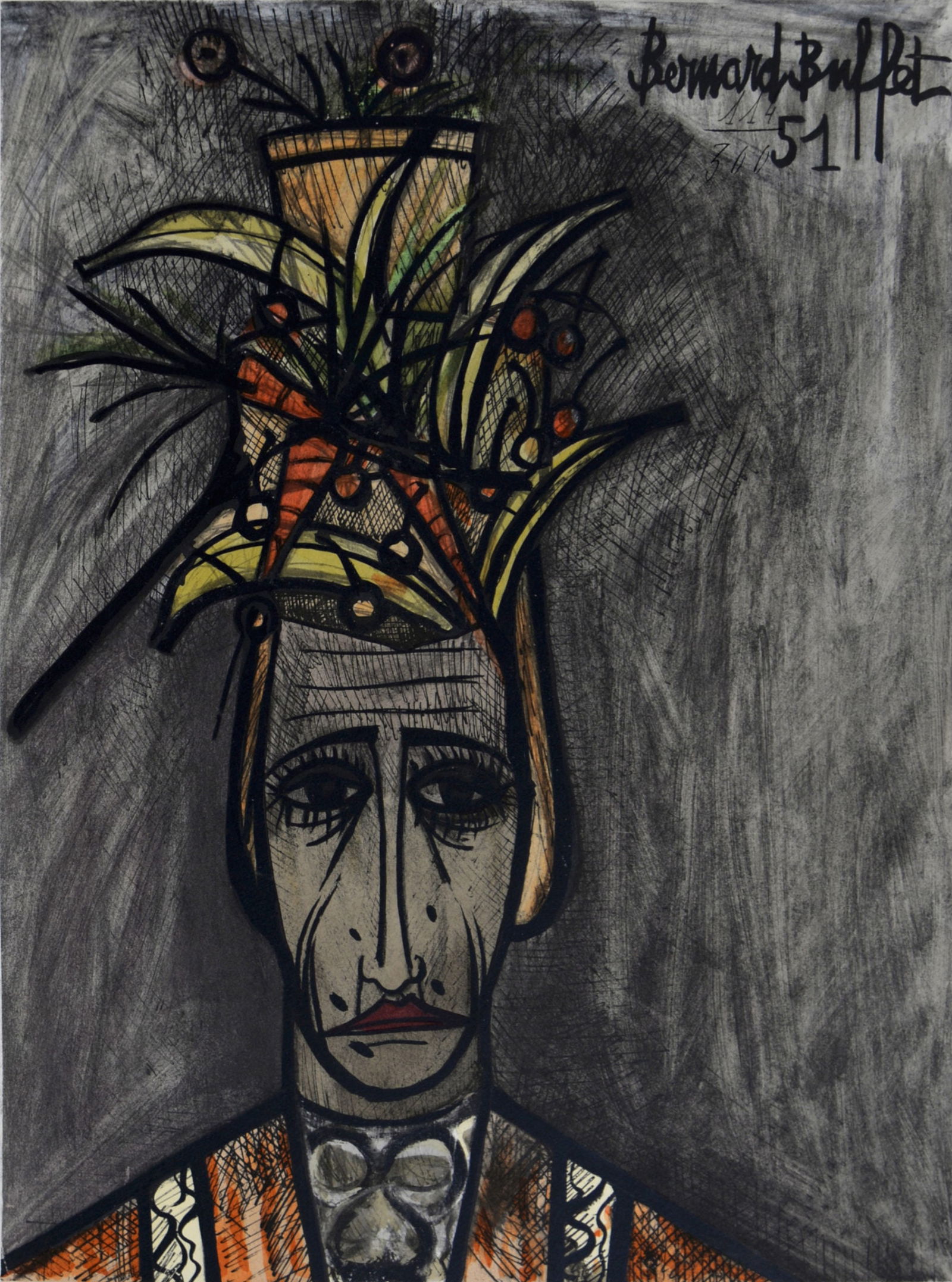 Bernard Buffet - Carnaval, 1960 - Hand-numbered!: Bernard Buffet (1928-1999)Carnaval, 1960 Original lithograph on Velin d'Arches paper, after 1951 Bernard Buffet's watercolor.Signed and dated on the plate top right.Hand-numbered 114/300 upper right m