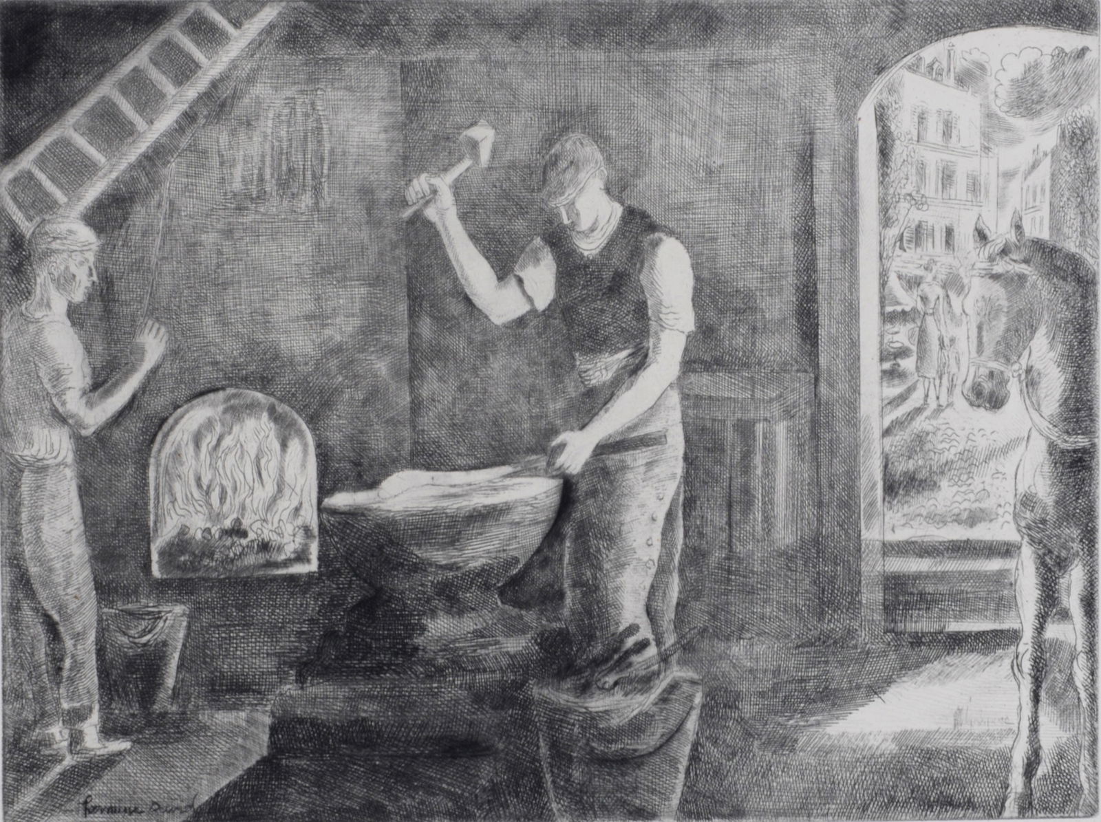 Hermine David - Forgeron, 1946: Hermine David (1886-1970)Forgeron, 1946Etching (Eau-forte) on Velin de Rives BFK paper.One of the 262 copies on Velin de Rives BFK paper, out of a total edition of 300.Signed on the plate lower margin