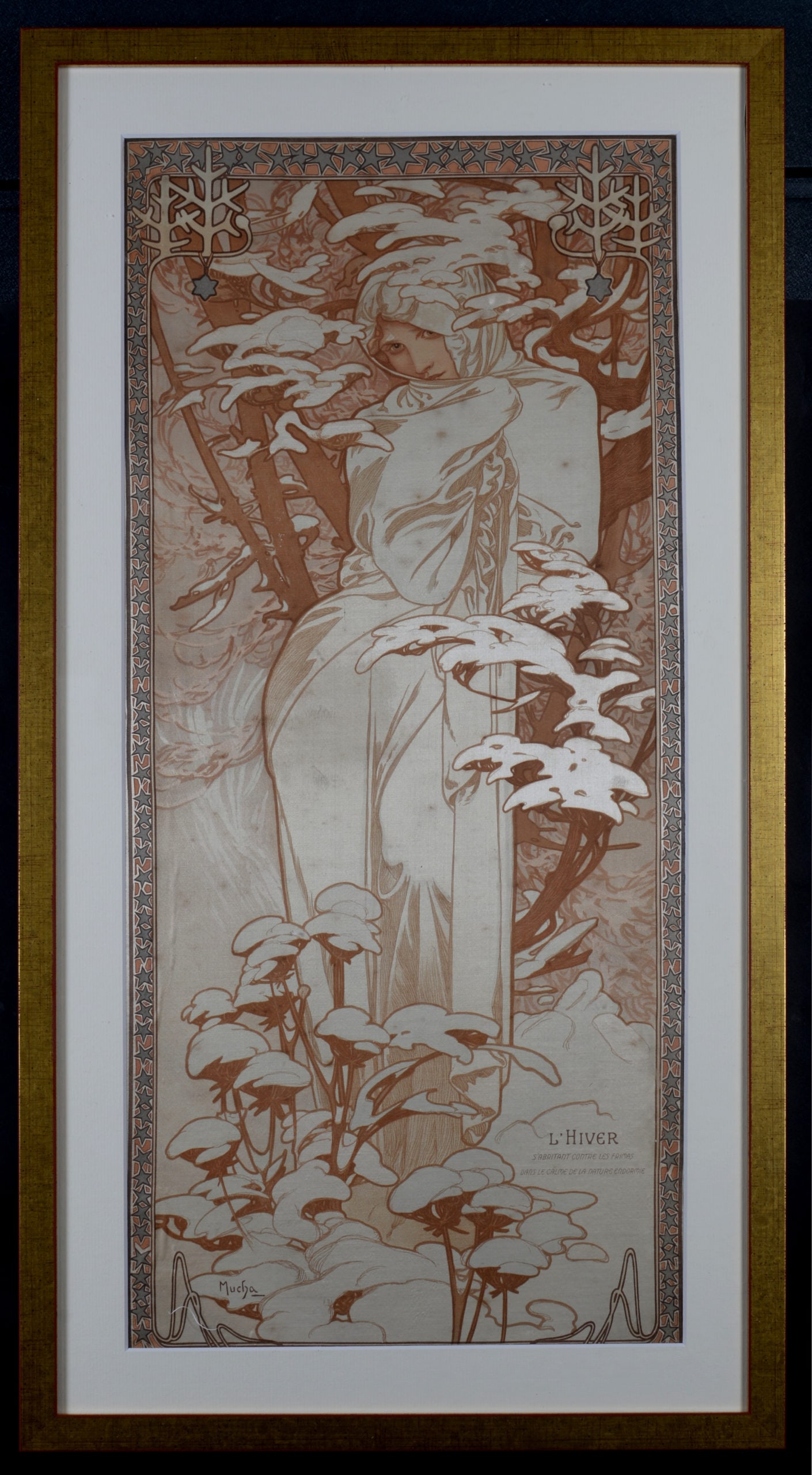 Alphonse Mucha : The Seasons : Winter, 1900: Alphonse Mucha (1860-1939)The Seasons : Winter. 1900Original decorative panel lithograph on silk, 1900Dimensions:+ Size of the frame: 77 x 41 cm / 30,3 x 16,14 in.+ Size of the image: 65,5 x 29,7 cm /