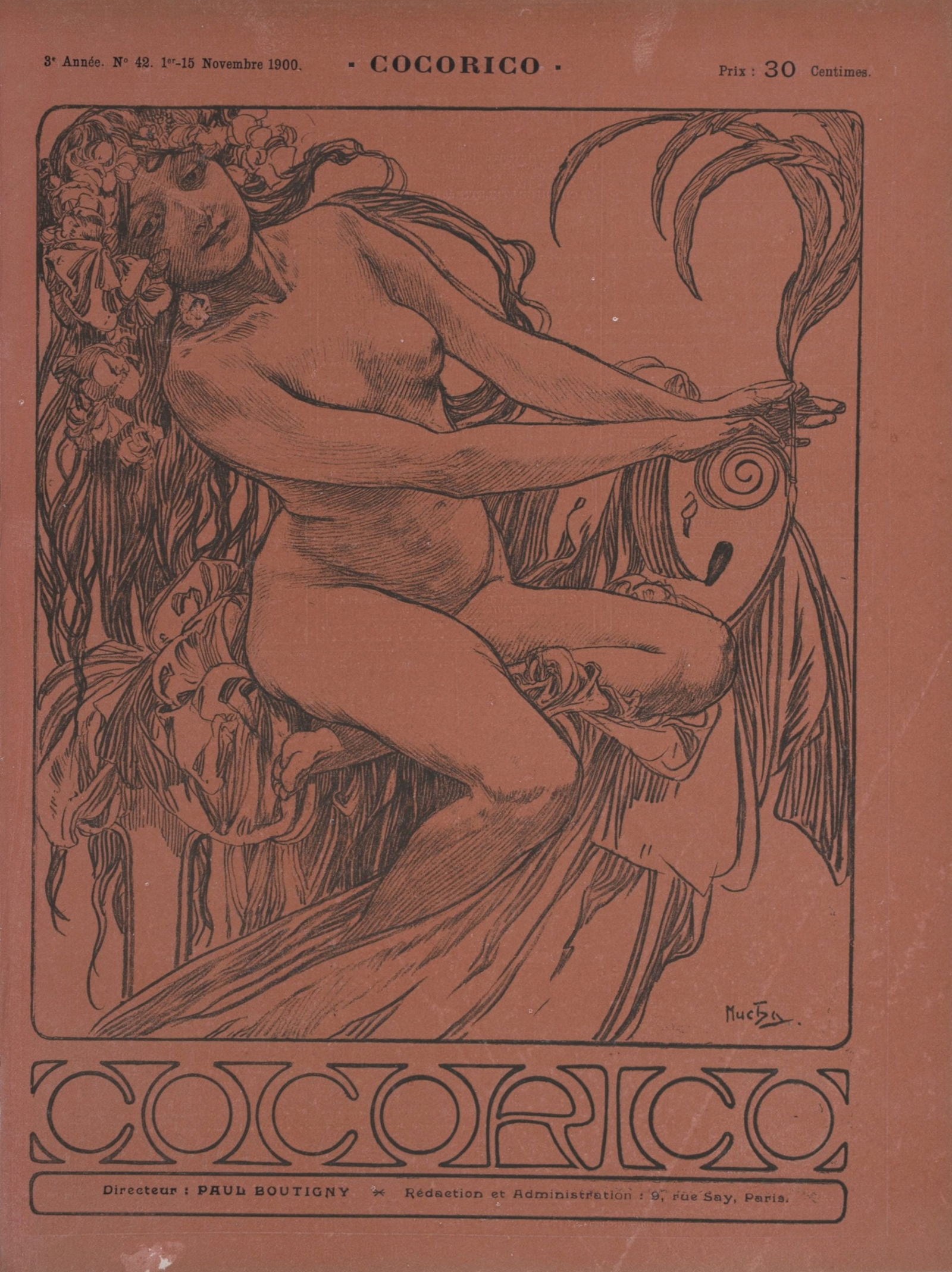 Alphonse Mucha - Cocorico #1, 1900: Alphonse Mucha (1860-1939)Cocorico, 1900Lithograph cover on paper.Plate-signed lower right.Dimensions :+ Size of the sheet : approximately 30.5 x 23 cm / 12 x 9 in.Cover from "Cocorico, issue #42", 19