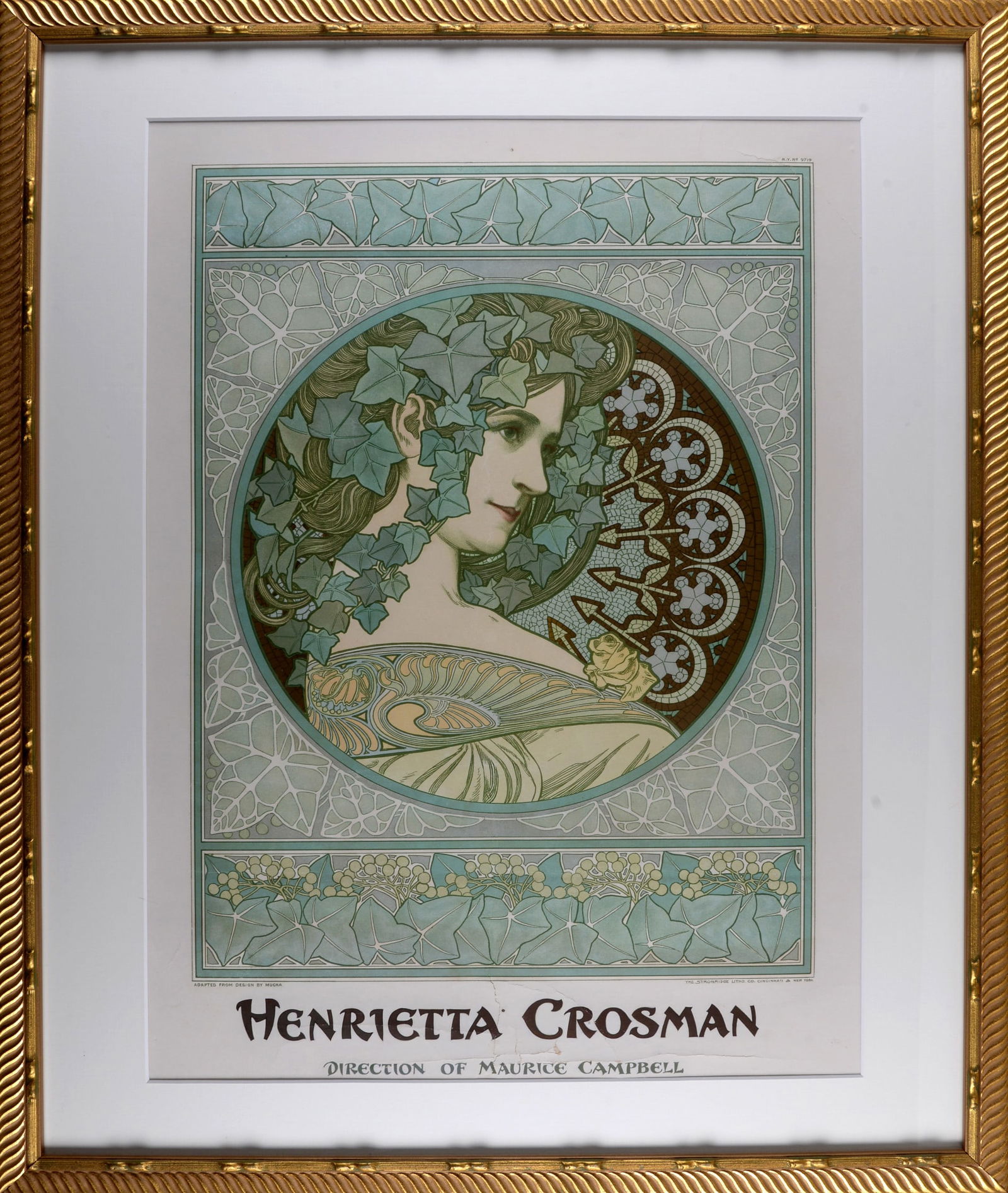 Alphonse Mucha (After) : Henrietta Crosman, circa 1908: Alphonse Mucha (After)Henrietta Crosman, circa 1908Rare lithograph poster in colors with design adapted after Alphonse Mucha's print "Ivy". Framed.Annotated in the plate lower left : "Adapted from des