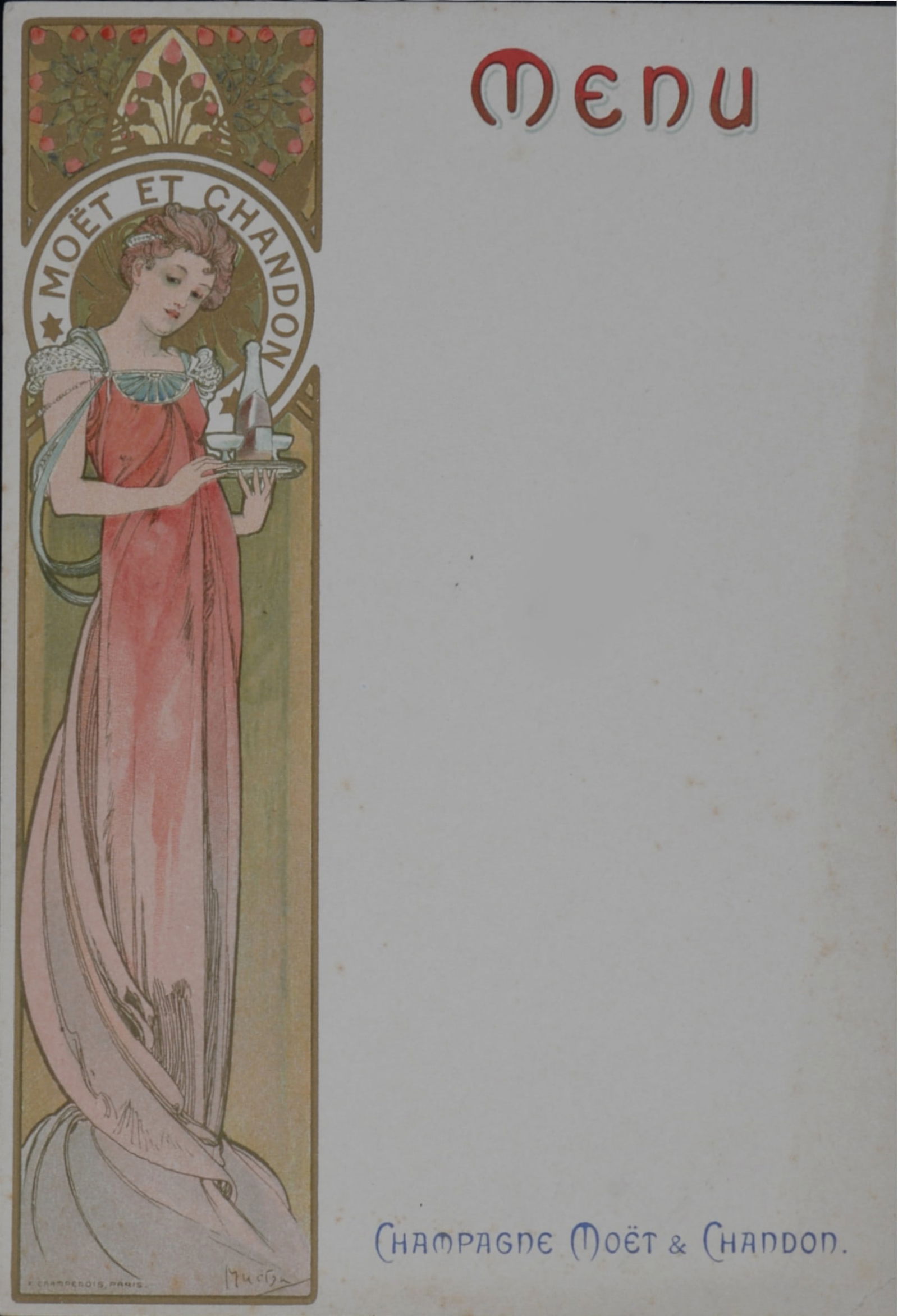 Alphonse Mucha : Champagne Moet & Chandon Menu, 1899: Alphonse Mucha (1860-1939)Champagne Moet & Chandon Menu, 1899Original lithograph menu card on wove paperNot to be confused with the small size postcard....Plate-signedDimensions:+ Size of the sheet: 2
