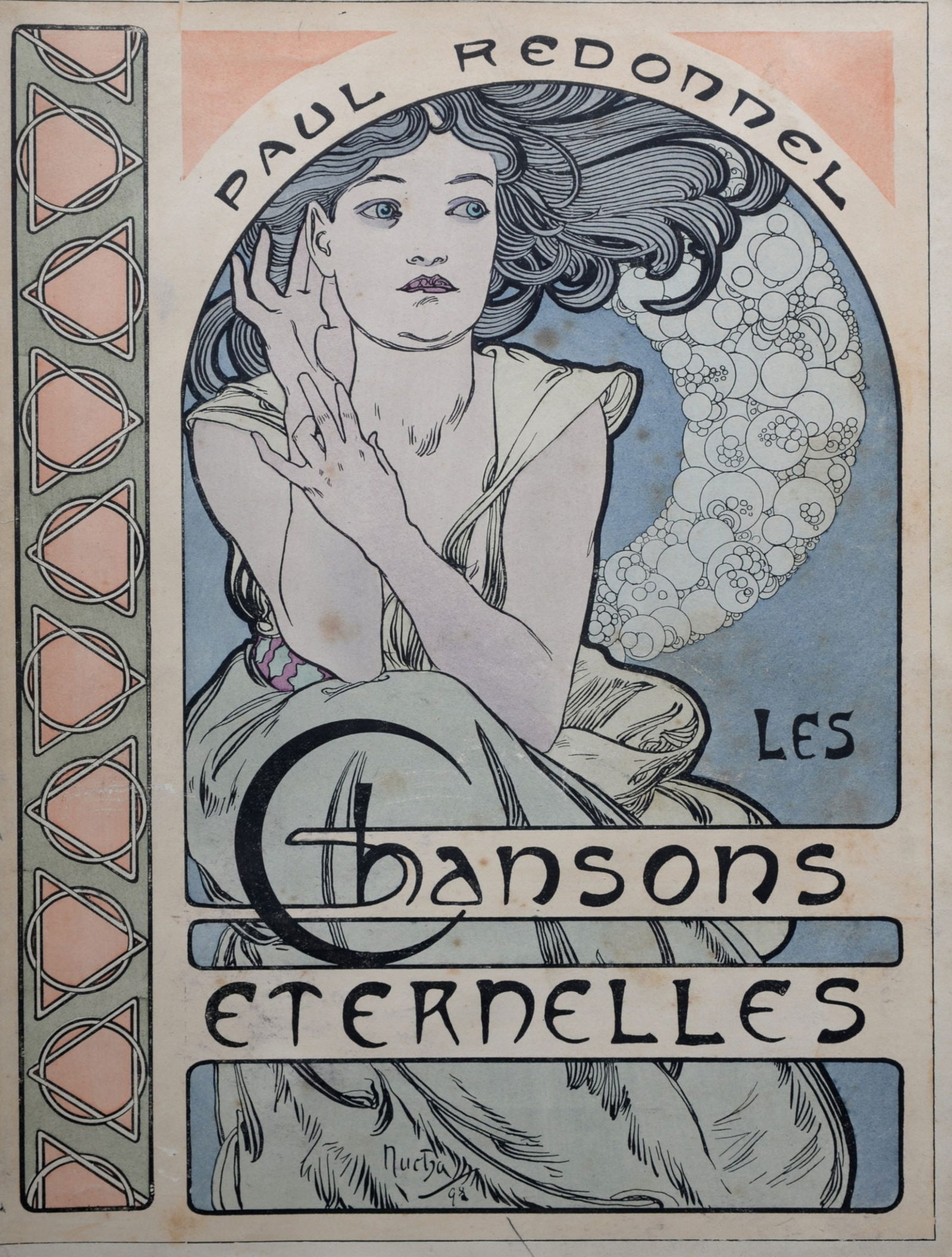 Alphonse Mucha : Chansons Eternelles, 1898 (Original lithograph cover): Alphonse Mucha (1860-1939)Chansons Eternelles, 1898Lithograph cover on paper, enhanced with pochoir.Signed on the plate lower margin.Dimensions :+Size of the sheet : 27,7 x 20,6 cm / 10,9 x 8.1 in.We
