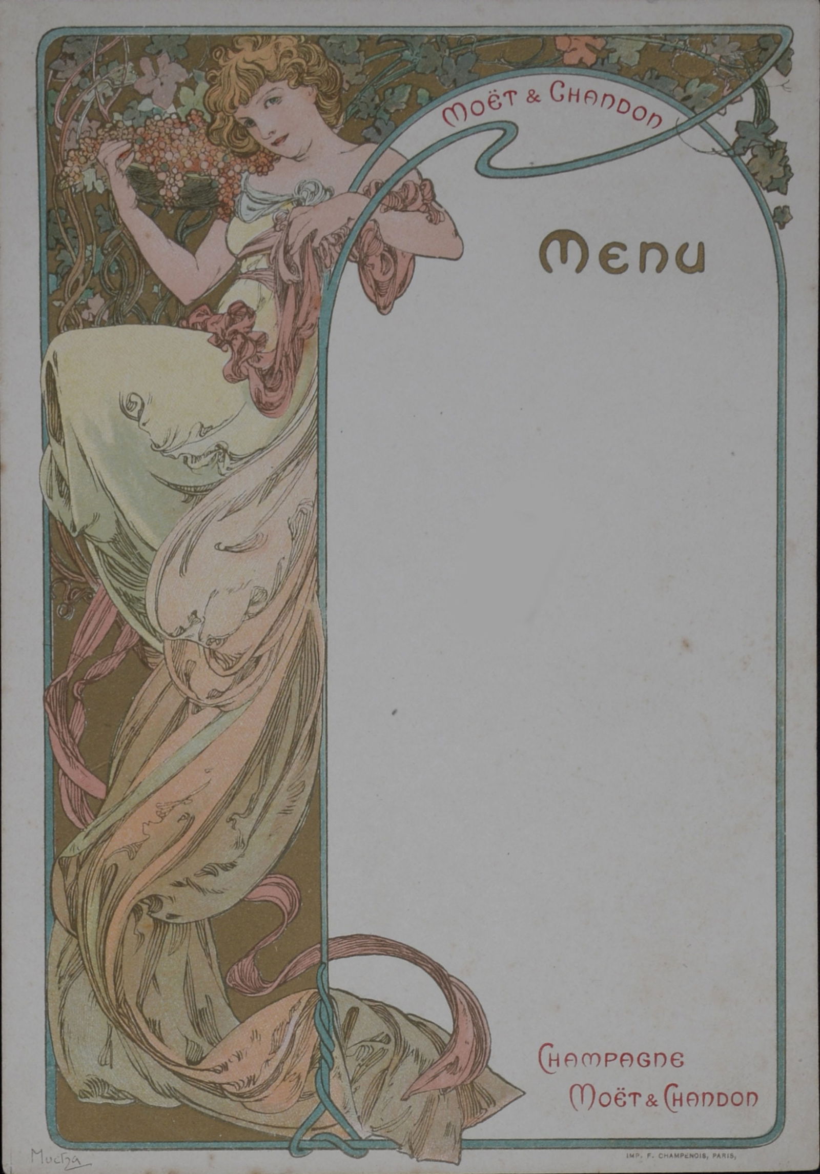 Alphonse Mucha : Champagne Moet & Chandon Menu, 1899 (not postcard): Alphonse Mucha (1860-1939)Champagne Moet & Chandon Menu, 1899Original lithograph menu card on wove paperNot to be confused with the small size postcard....Plate-signedDimensions:+ Size of the sheet: 2