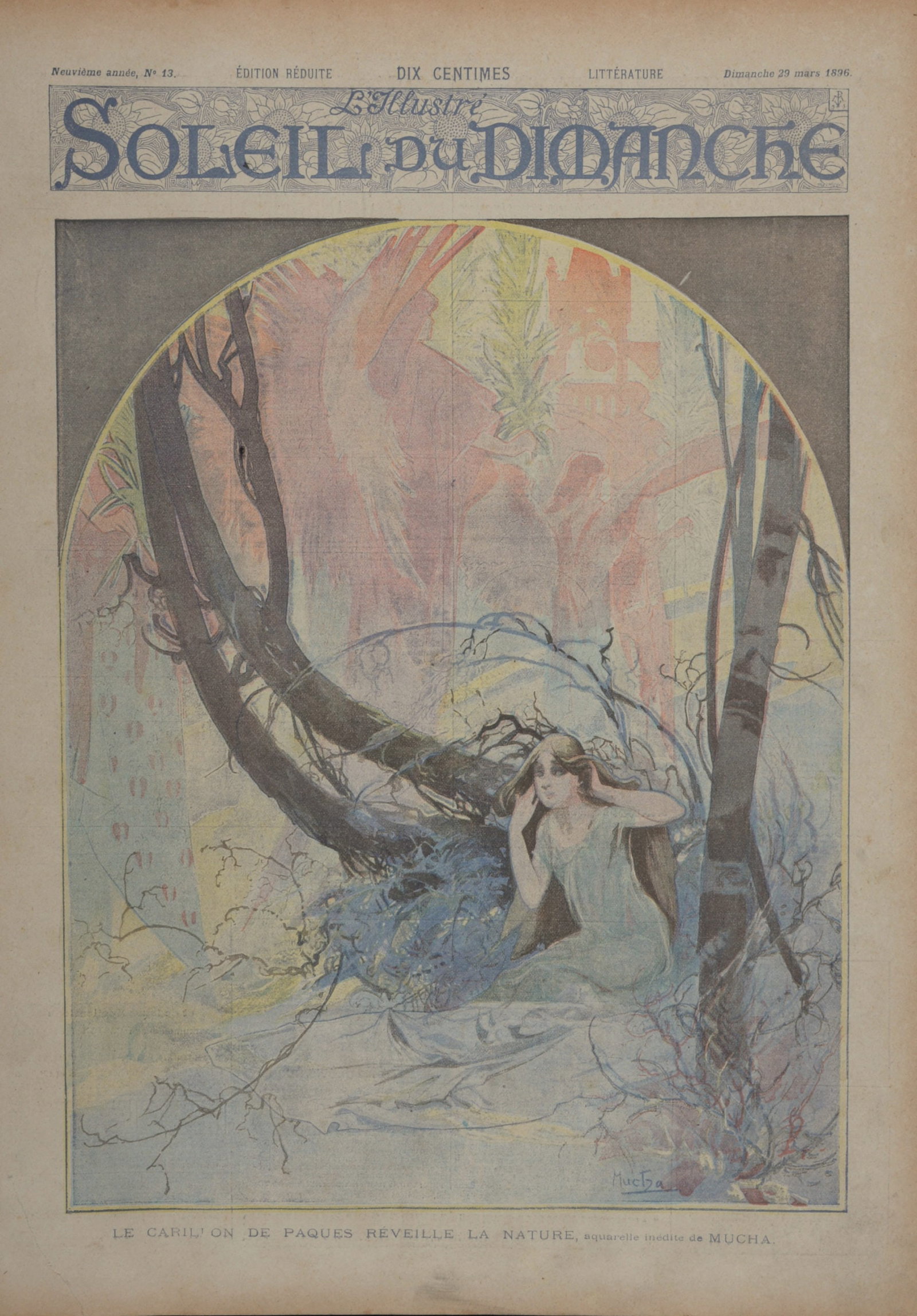 Alphonse Mucha : Soleil du Dimanche - Le Carillon de Paques reveille la nature, 1896: Alphonse Mucha (1860-1939)Le Carillon de Paques reveille la nature, 1896Original lithograph cover from L'Illustre "Soleil du dimanche"Plate-signed lower right.Dimensions :+Size of the sheet : 39,5 x 2
