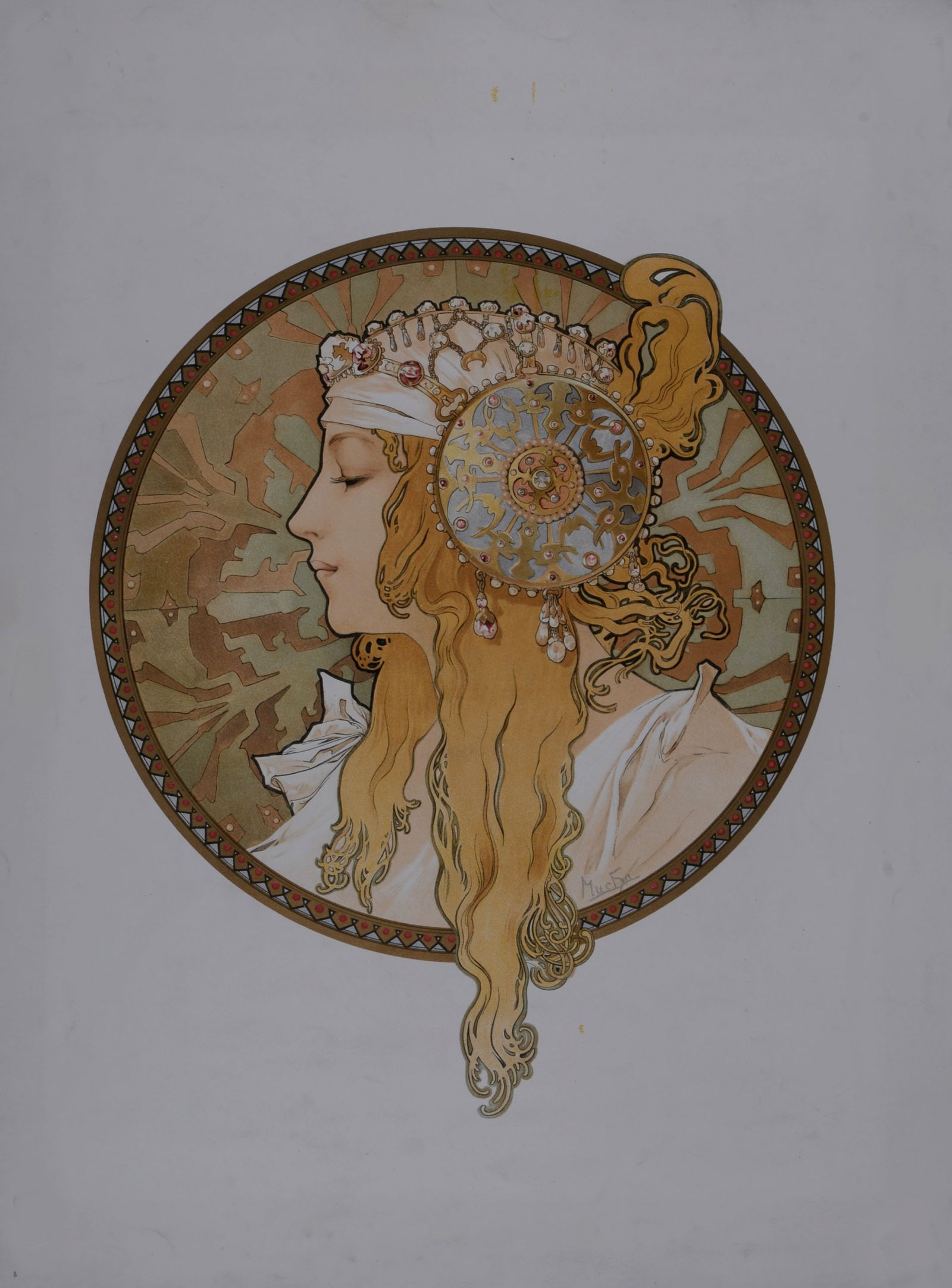 Alphonse Mucha - Byzantine Heads : Blond, 1900: Alphonse Mucha (1860-1939)Byzantine Heads: Blond, 1900Original decorative lithograph panel, printed in 1900.Dimensions :+ Size of the image: 34 x 28,5 cm. cm. - 13,5 x 11,2 in+ Size of the sheet: 50 x