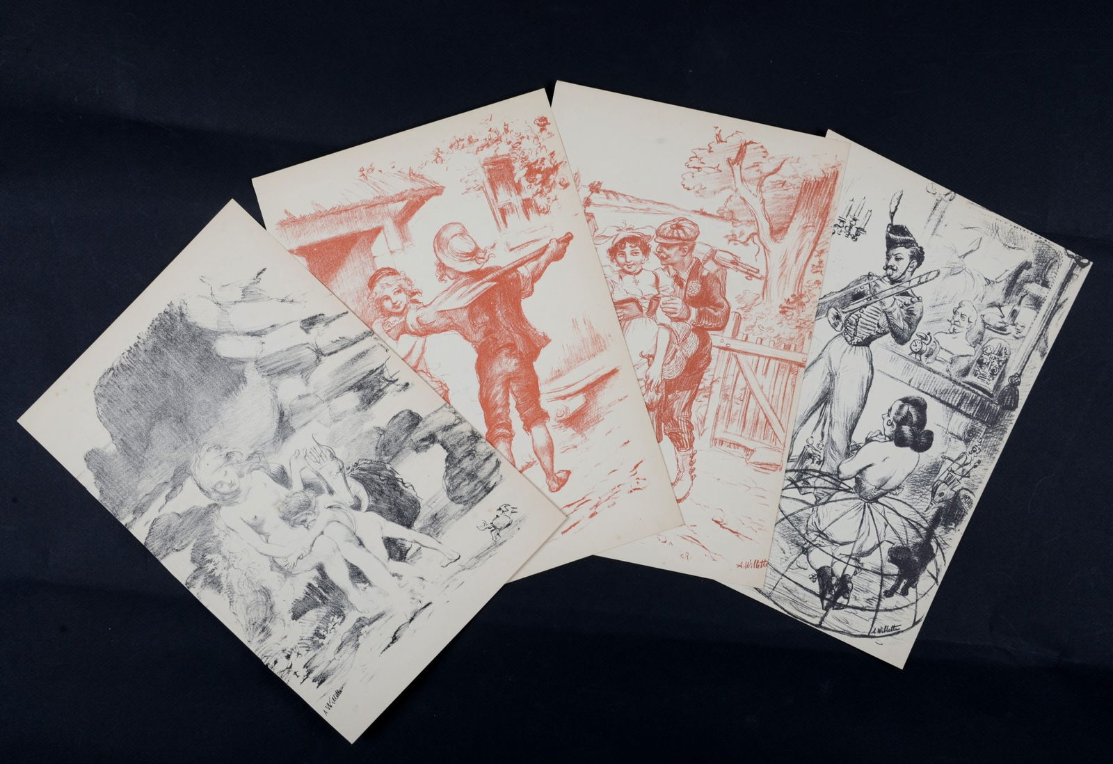 Adolphe Leon Willette - Chansons d'Aieules dites par Madame Amel de la Comedie Francaise, circa 1898: Adolphe Willette (1857-1926)Chansons d'Aieules dites par Madame Amel de la Comedie Francaise, circa 1898A set of 4 original stone lithographsPlate-signedDimensions :Size of each sheet : 27.6 x 18.5 cm